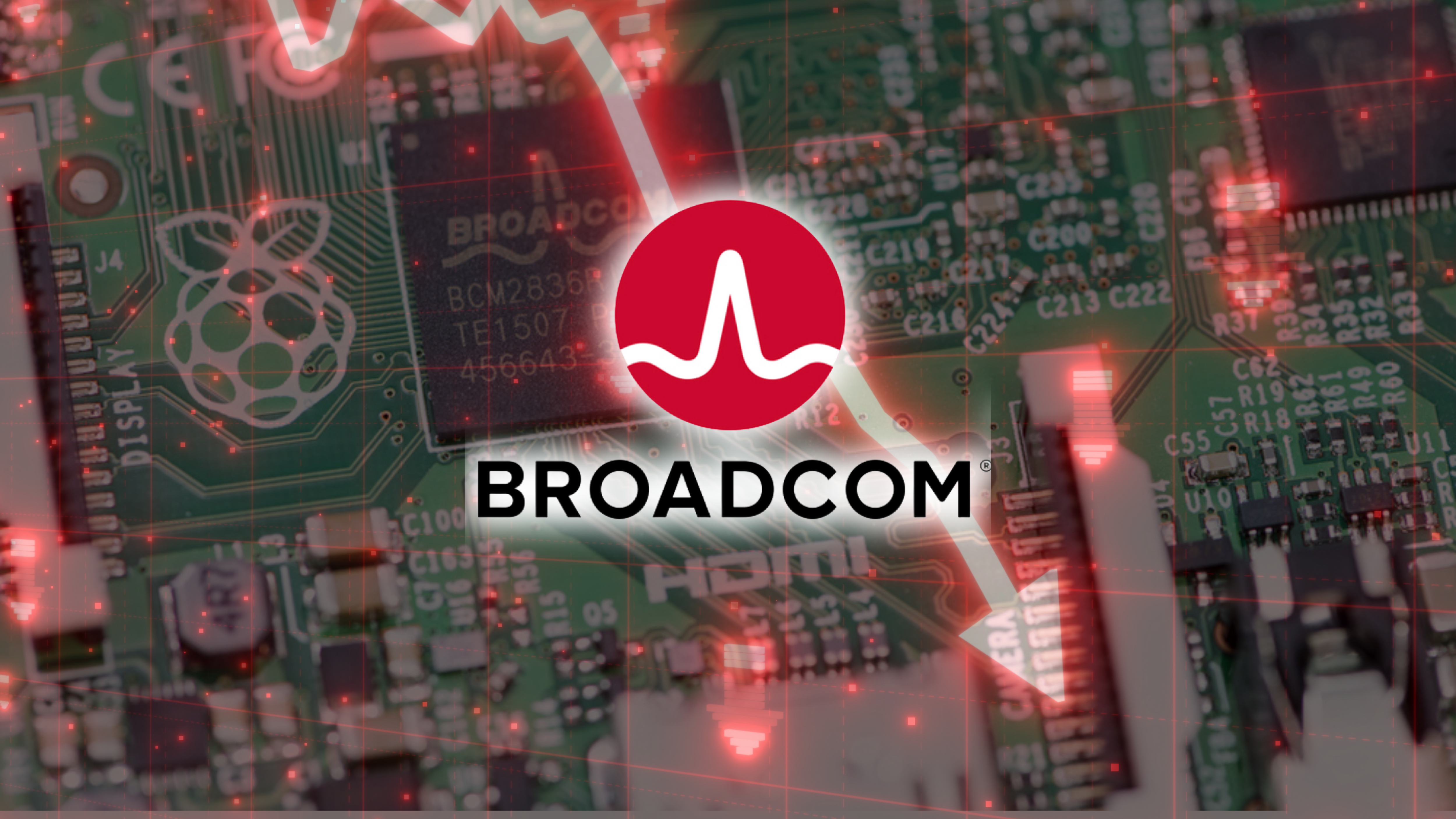 Broadcom logo over a circuit board with red, downward-trending market graphics.