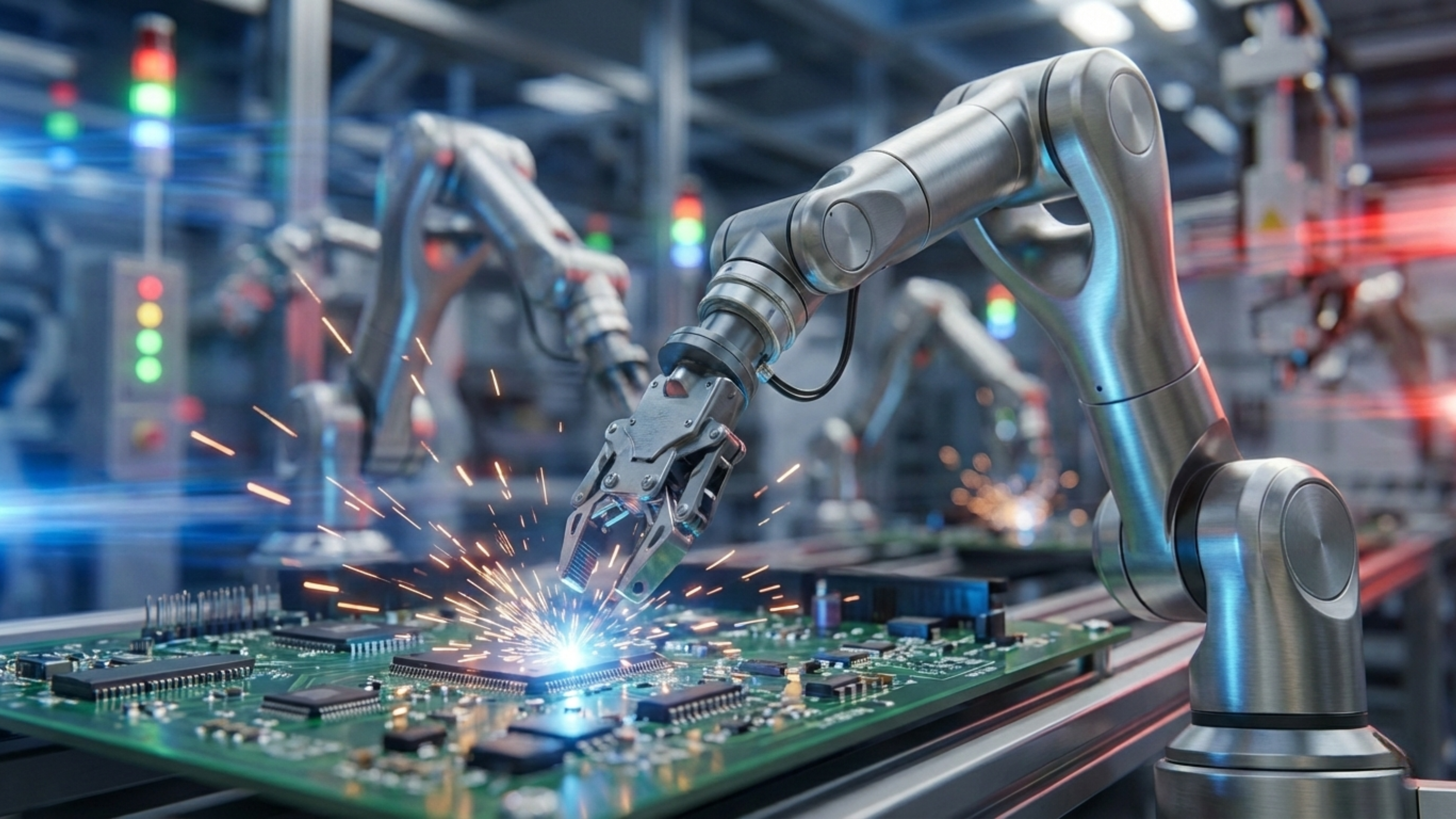 Robotic arms assembling semiconductor components, representing advanced manufacturing and automation.