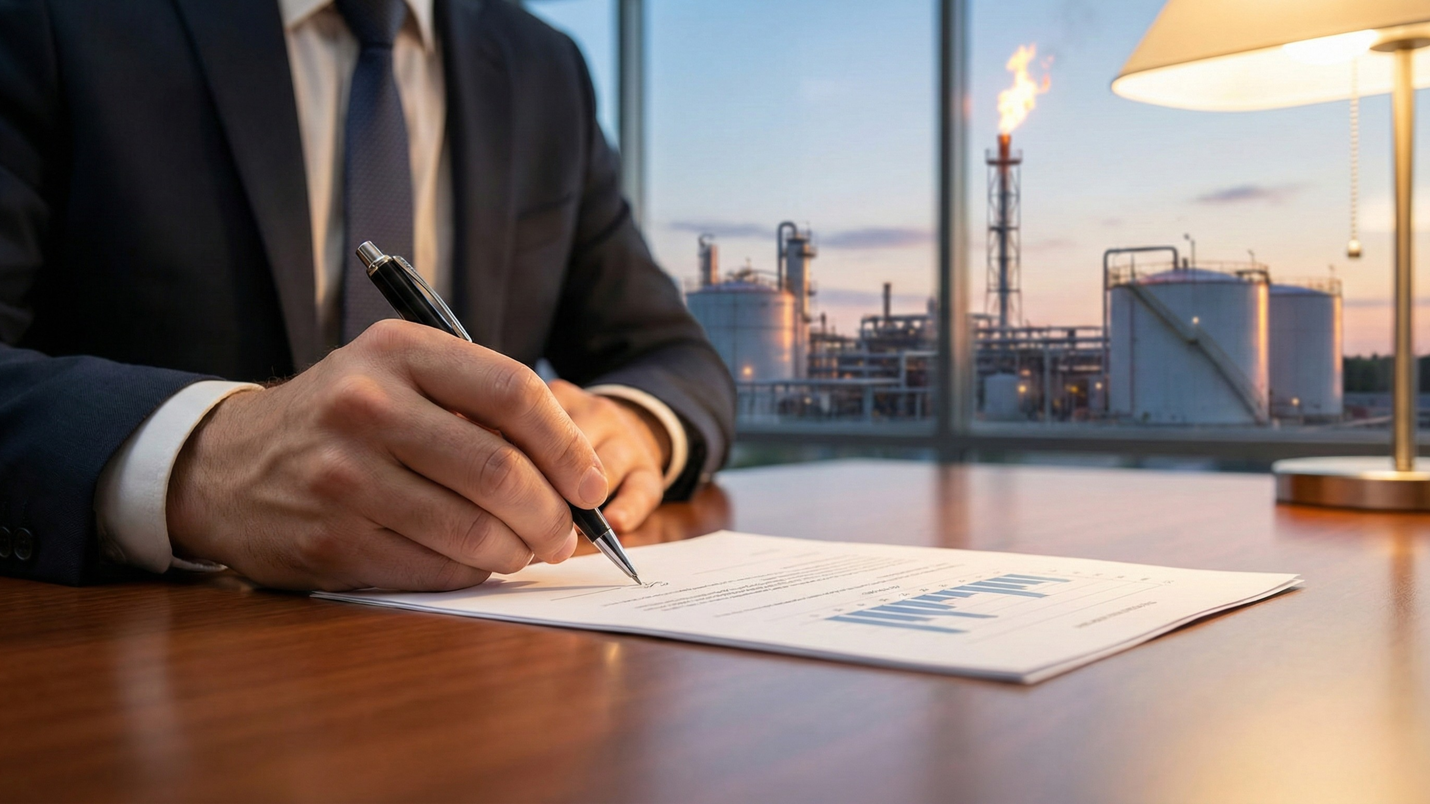 Executive signing documents, symbolizing insider buying in the natural gas industry.