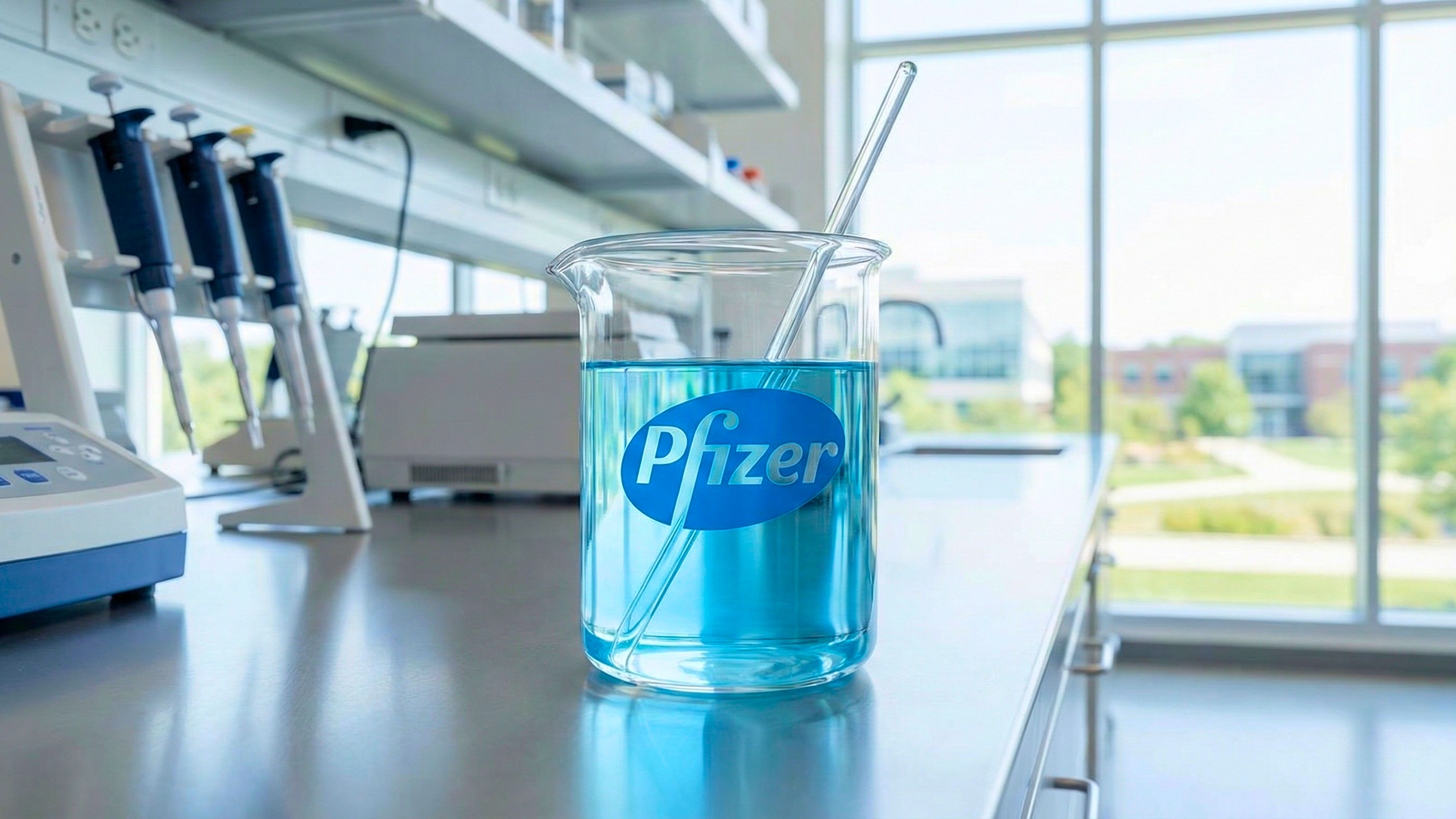 Pfizer-branded beaker filled with blue liquid in a bright, modern laboratory.