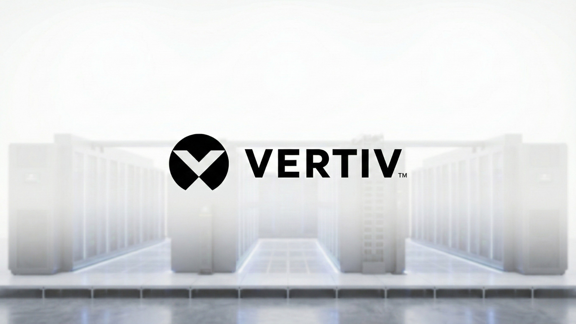 Modern, well-lit data center facility, representing Vertiv's core business in critical data center infrastructure.