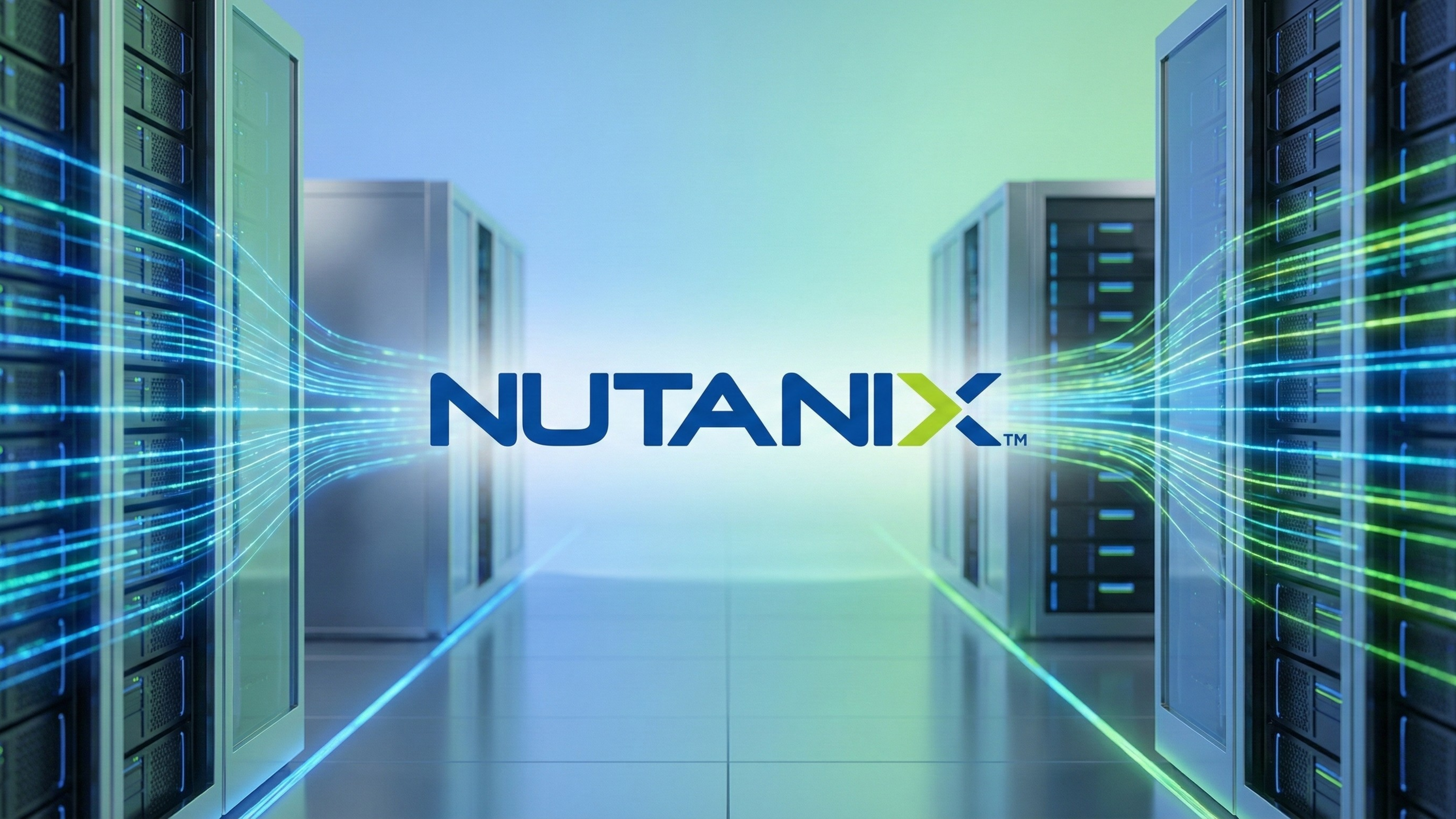 Nutanix logo centered between glowing data streams flowing through server racks in a modern data center.
