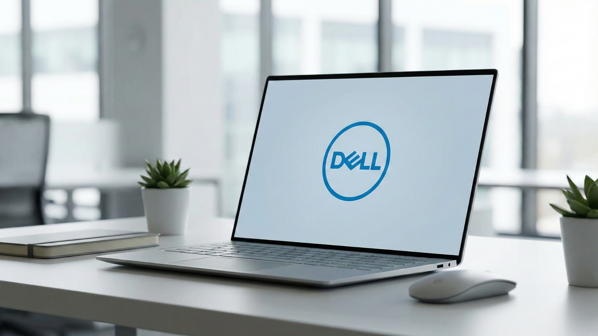 Dell laptop sits on a desk in a clean, futuristic office.