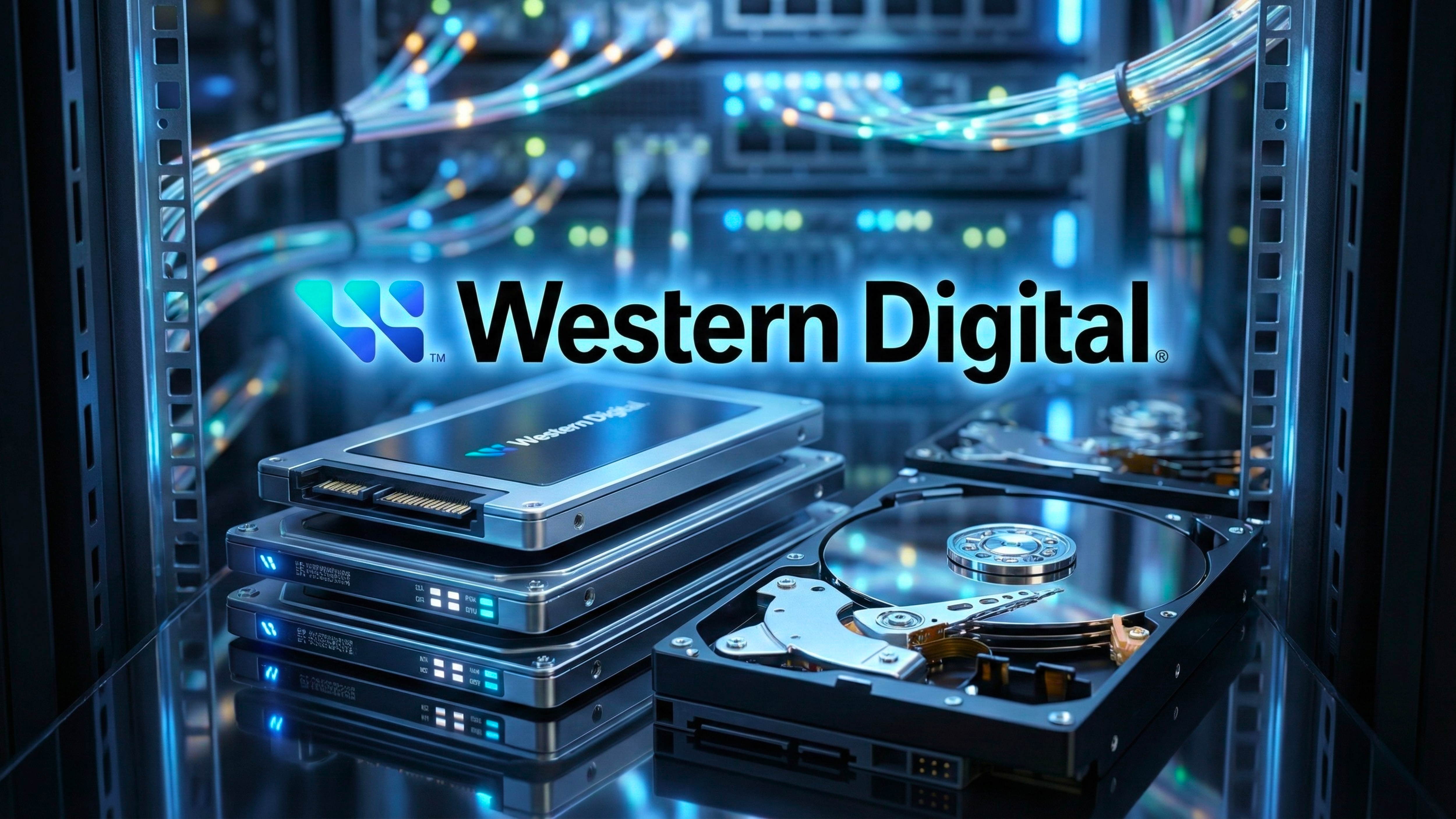 Western Digital SSDs and hard drives displayed in a data center, highlighting advanced storage technology.