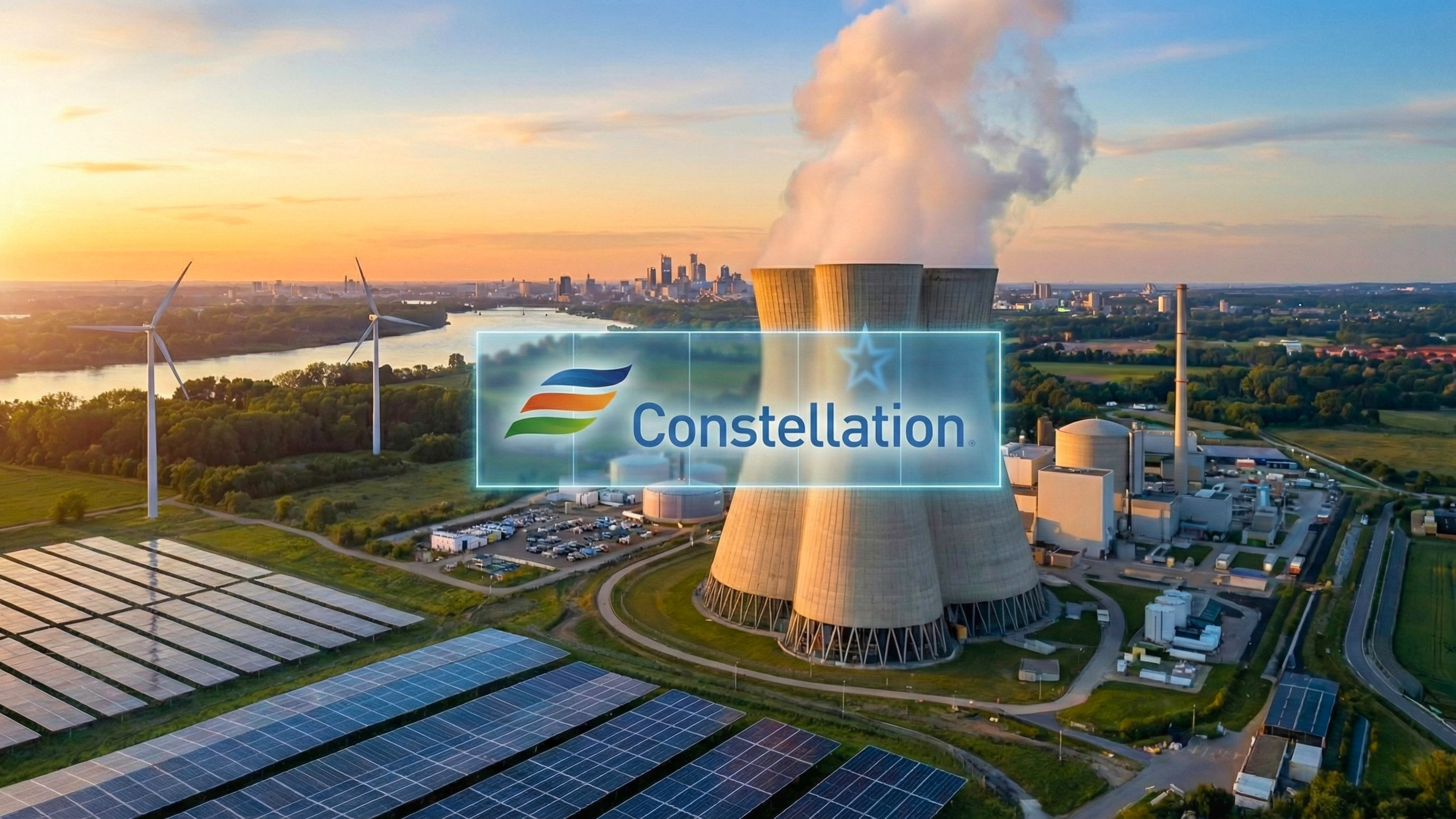 Constellation Energy logo over a landscape featuring solar panels, wind turbines, and a nuclear power plant at sunrise.