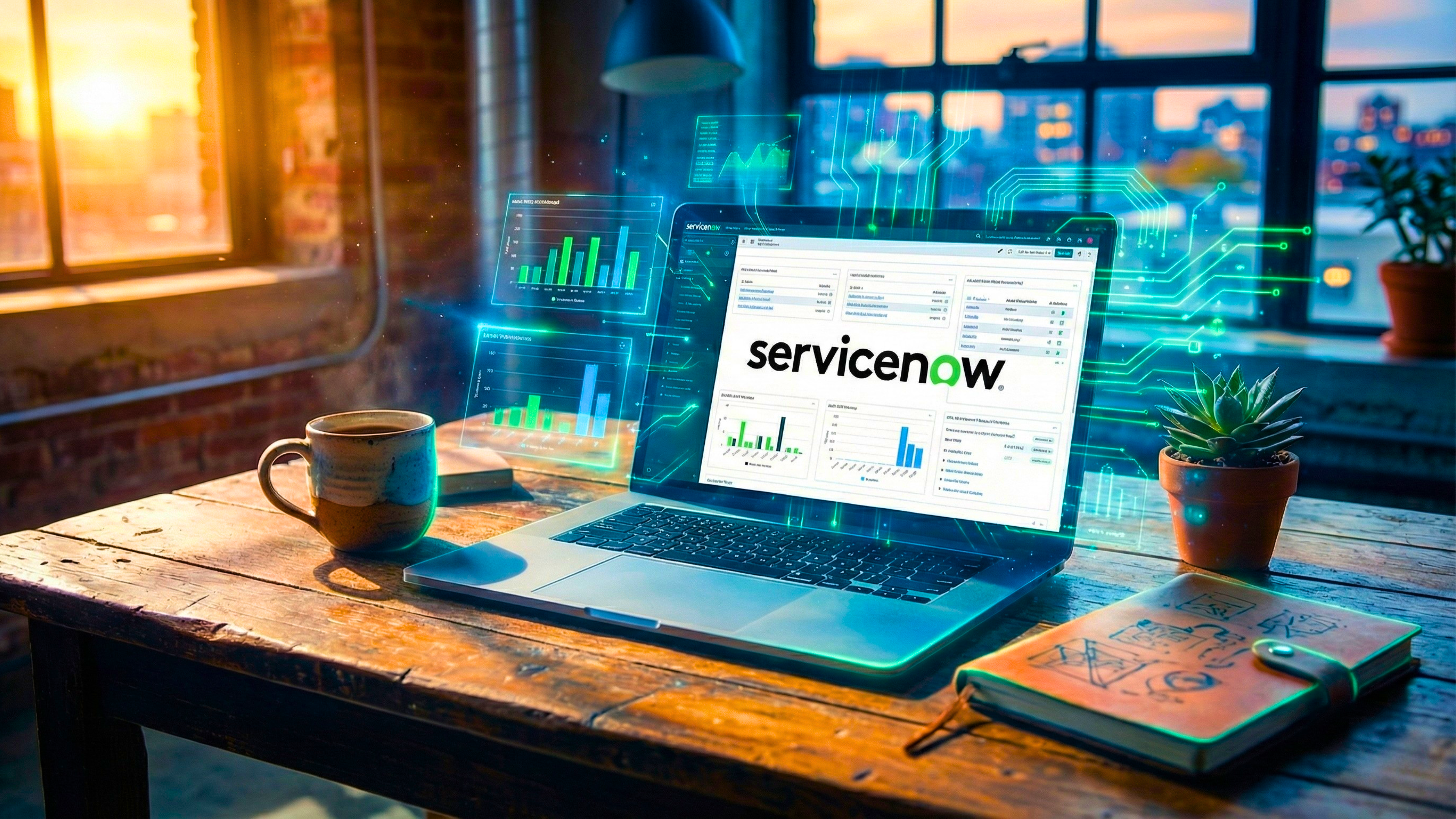 Laptop displaying ServiceNow dashboards with digital data graphics floating around it on a rustic desk.