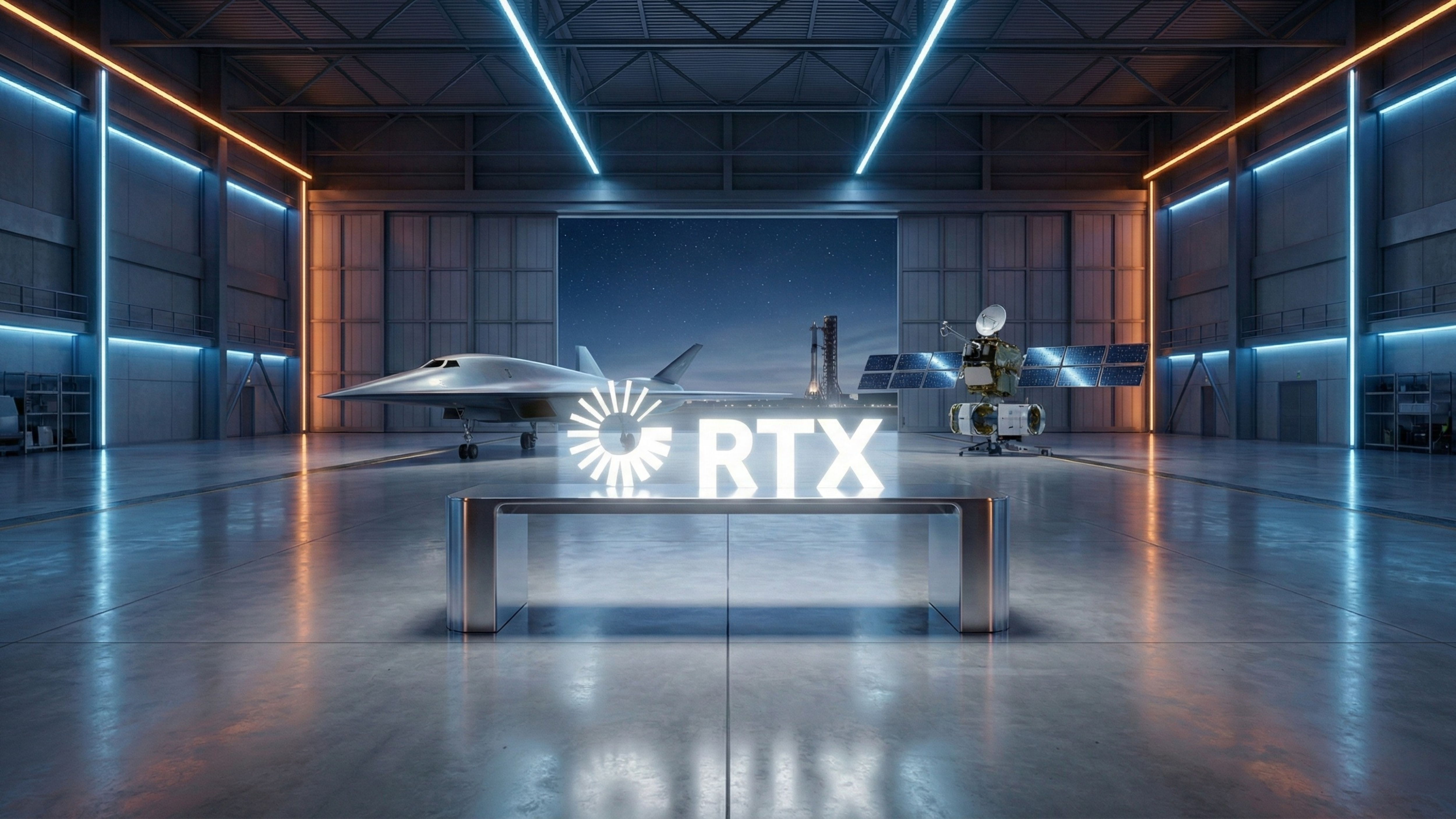 Futuristic hangar with an advanced aircraft, satellite equipment, and a glowing RTX logo.
