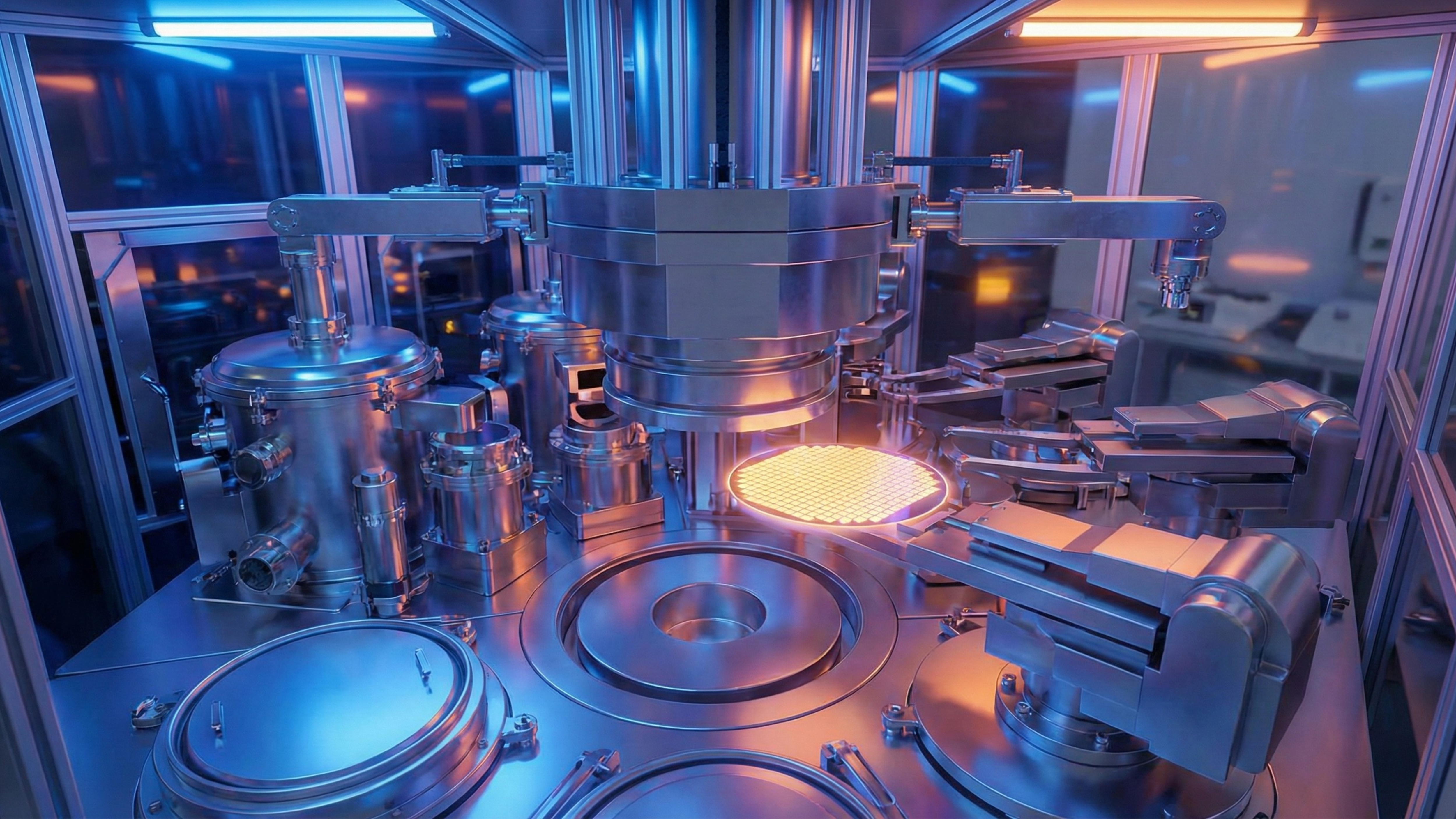 Automated semiconductor fabrication machine handling a glowing silicon wafer.