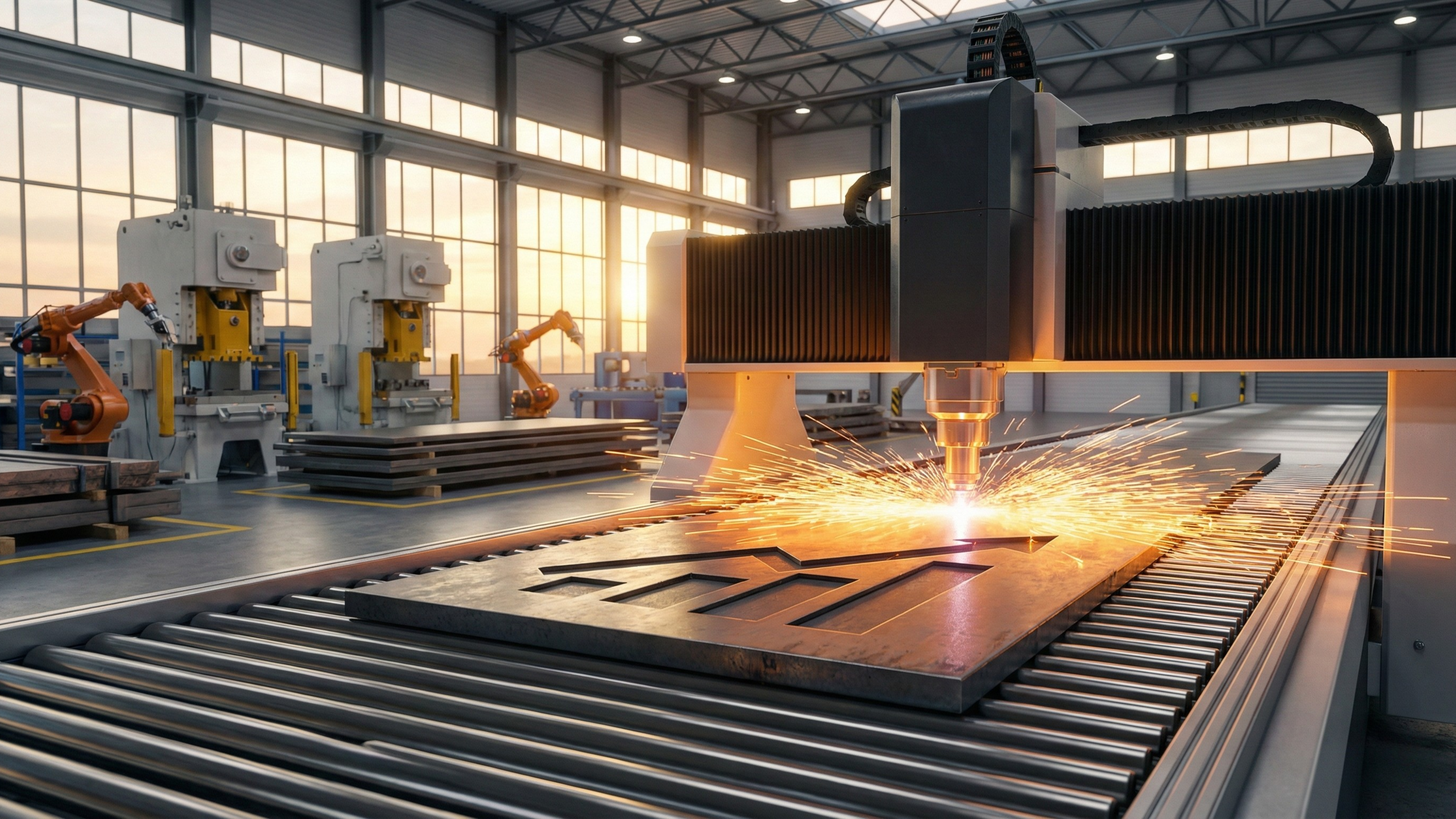 Automated factory laser-cutting a metal sheet with sparks flying, symbolizing industrial and manufacturing strength.