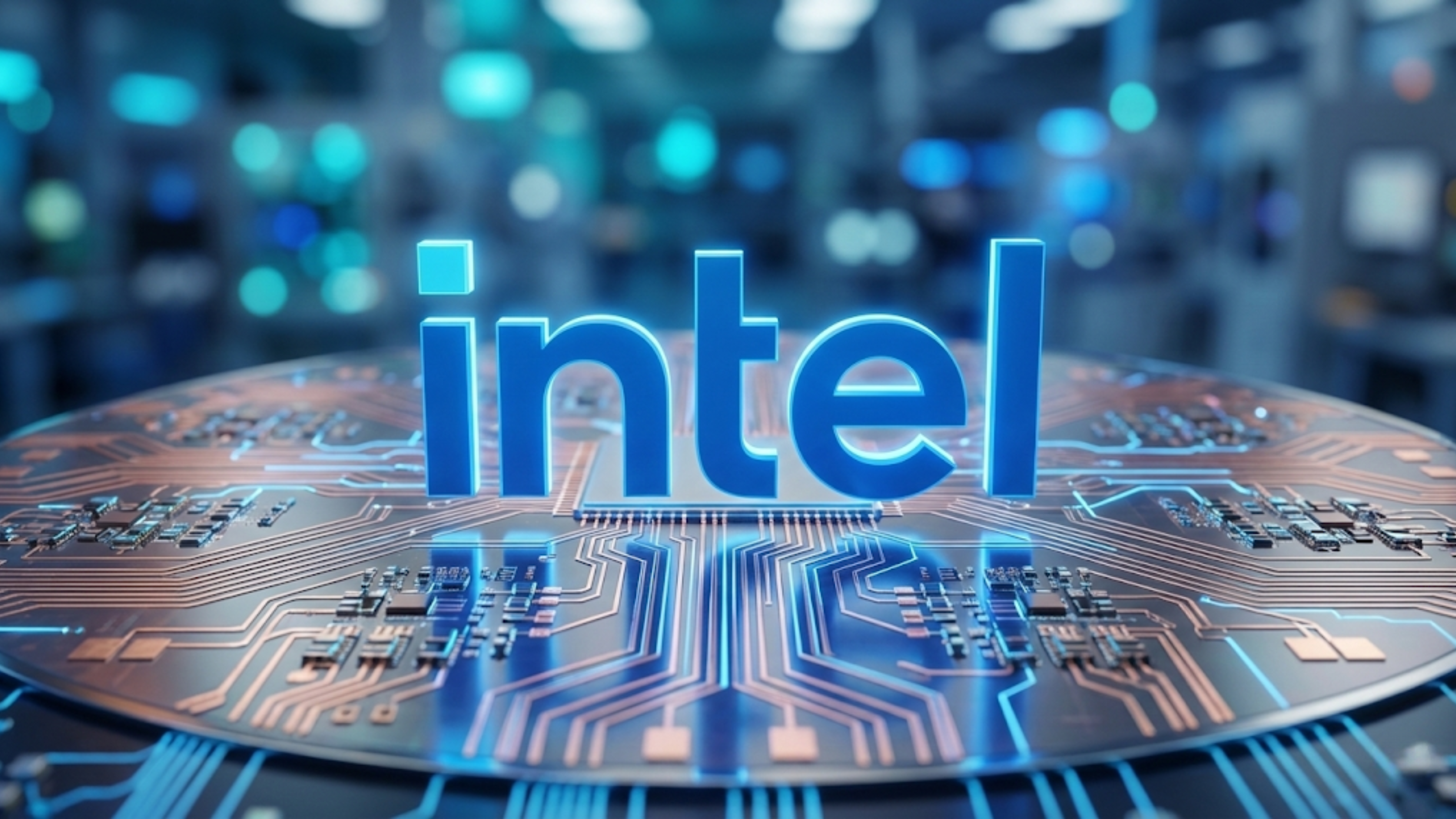 Intel logo glowing above a detailed microchip surface in a high-tech semiconductor lab.