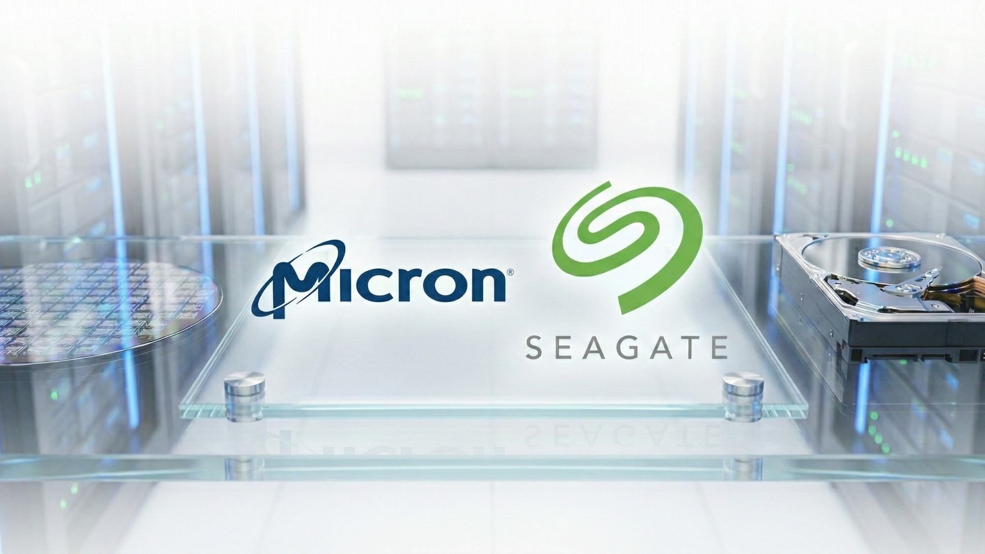 Micron and Seagate logos stand out against a data center backdrop.