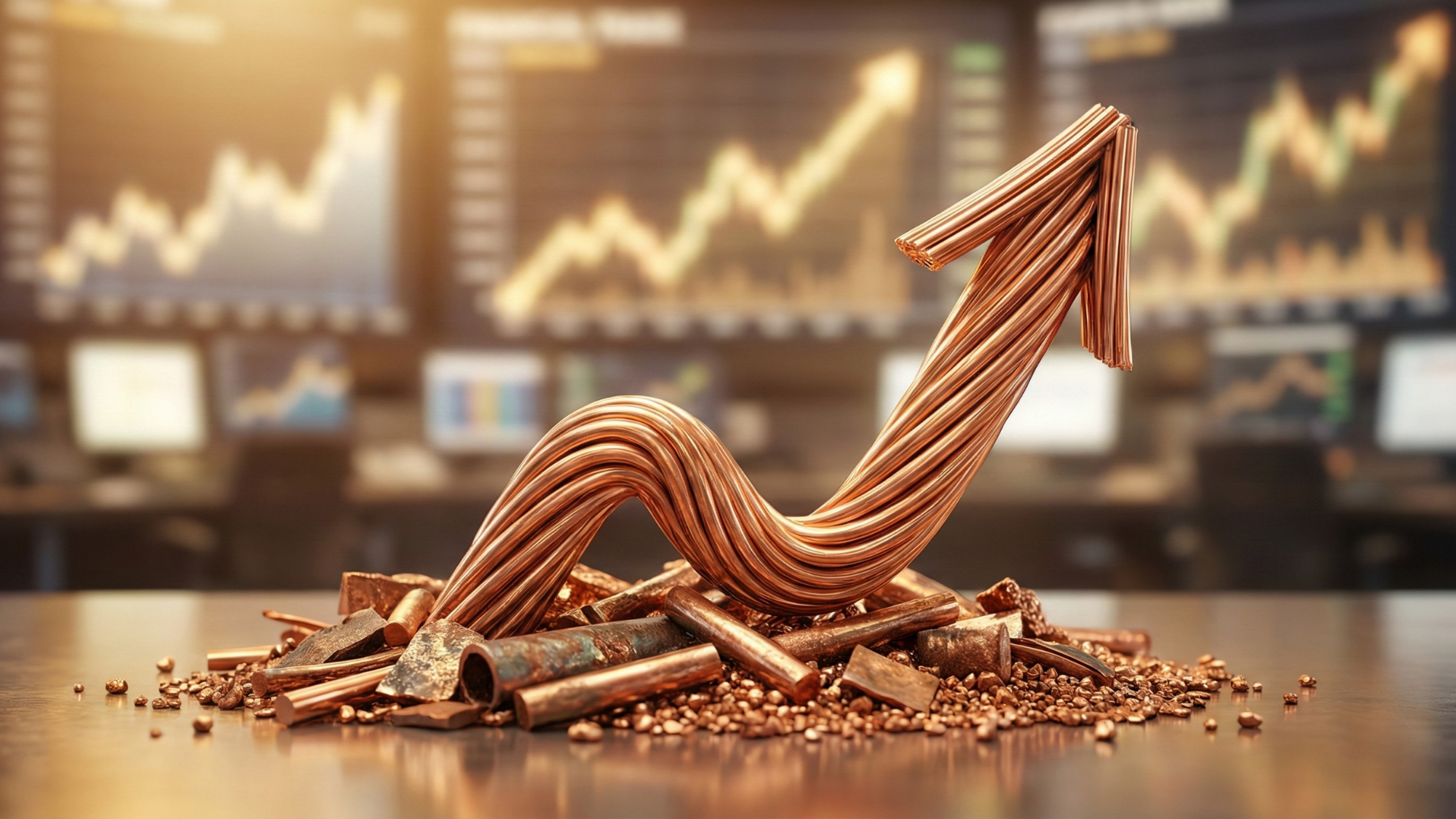 Copper arrow rising from scrap metal with upward stock charts in the background, symbolizing price growth.