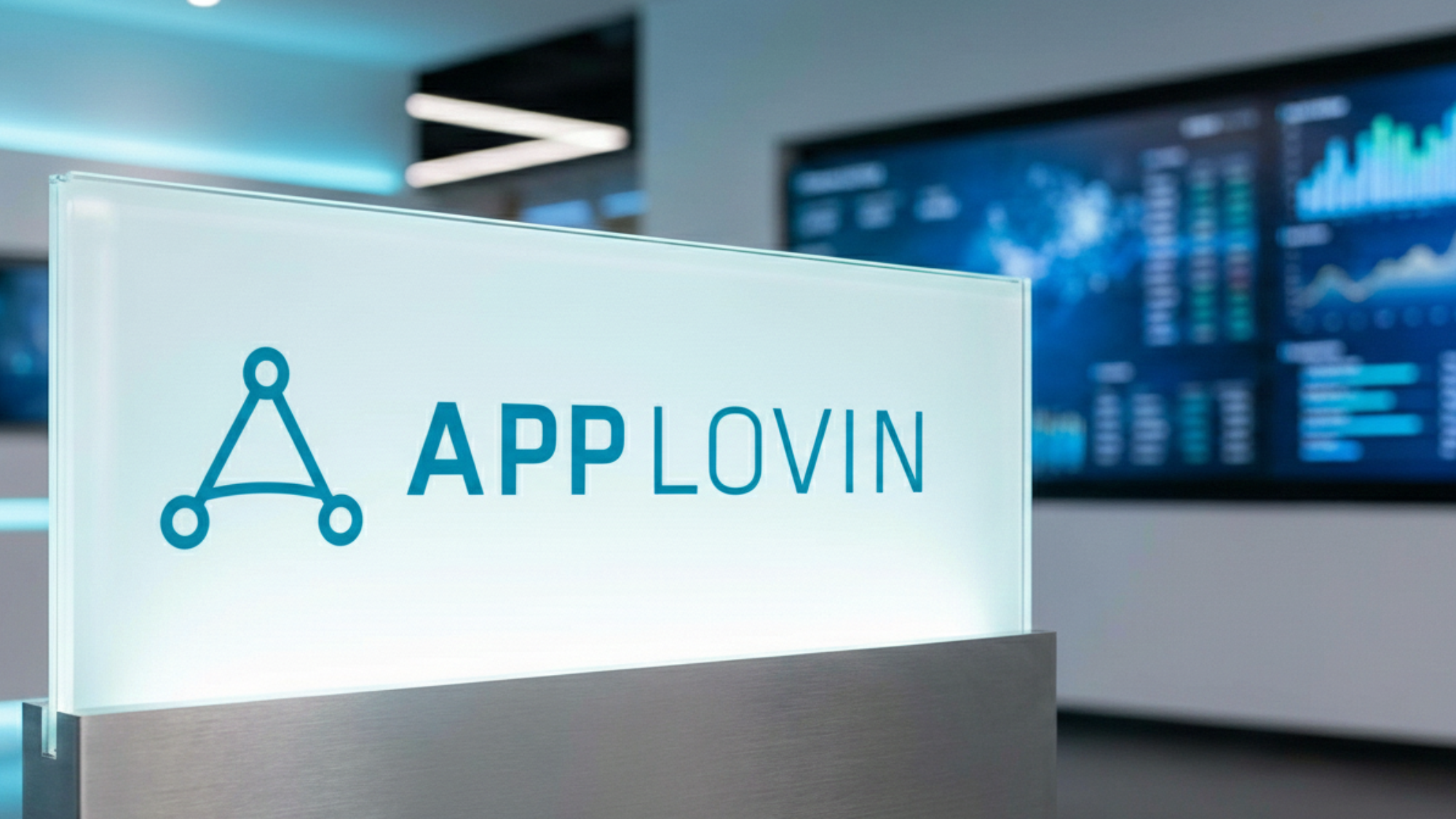 AppLovin logo prominently displayed against trading interfaces.