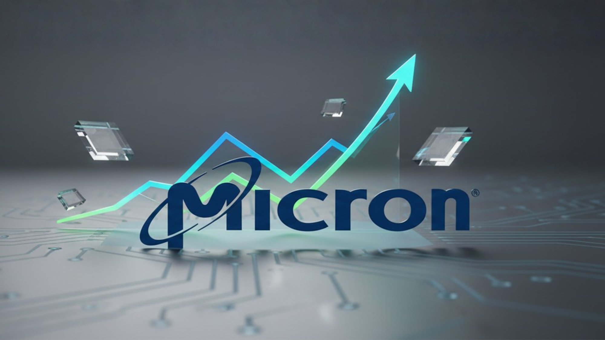 Micron logo superimposed over a dramatic rising stock chart.