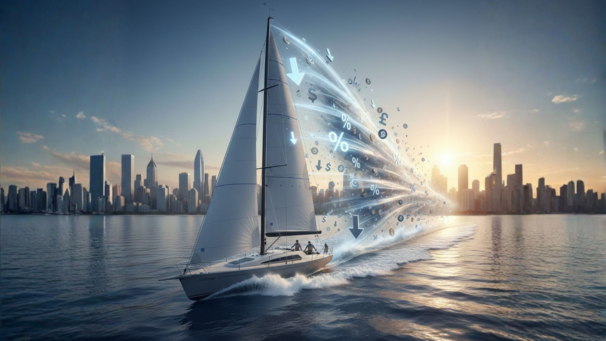 Wind propels a sailboat forward, symbolizing the tailwinds created by Fed interest rate cuts. 