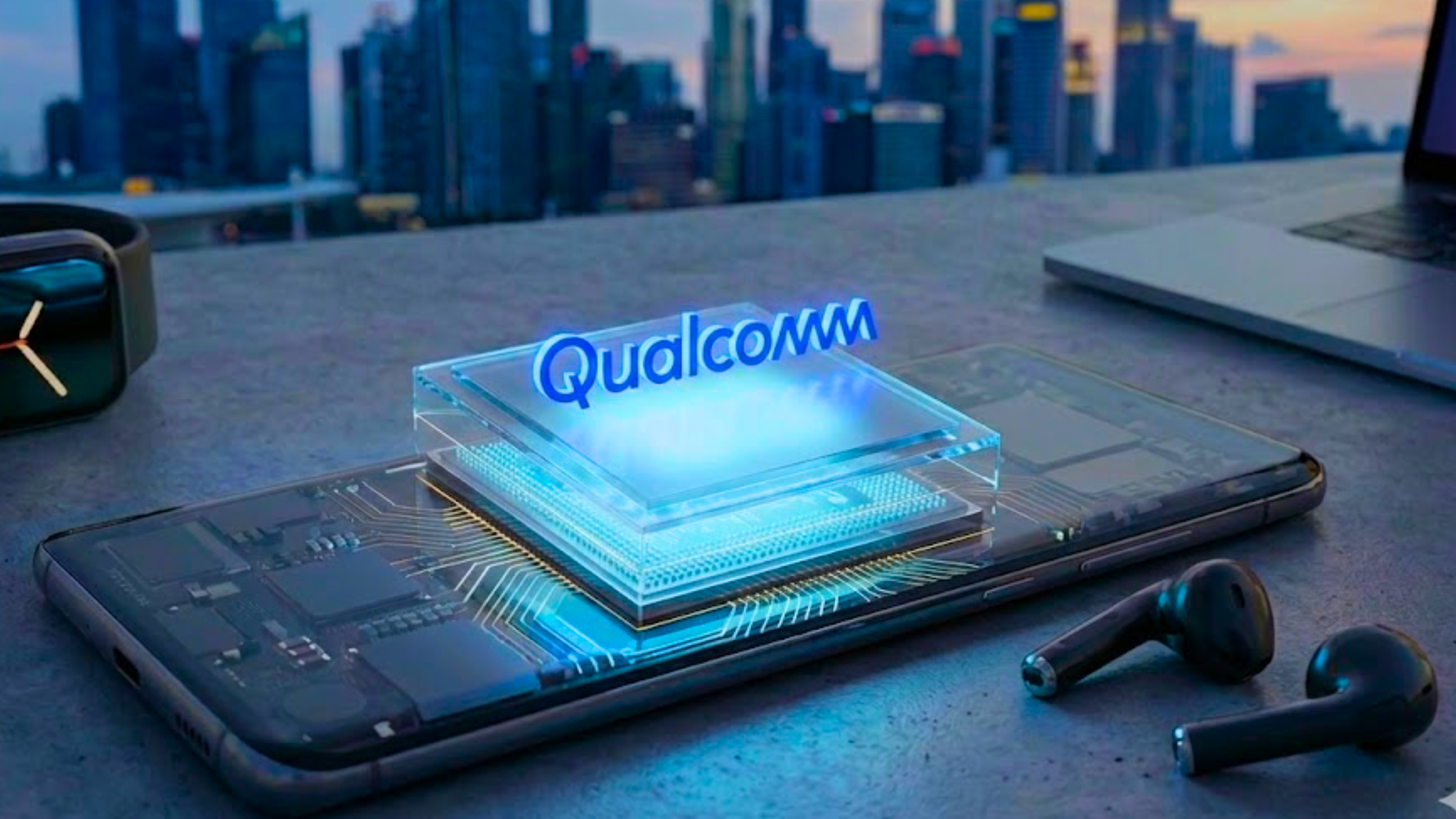 Qualcomm branding sits on a smartphone processor alongside connected devices.