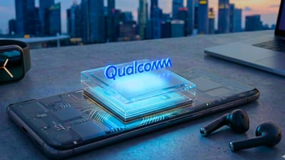 Qualcomm branding sits on a smartphone processor alongside connected devices.