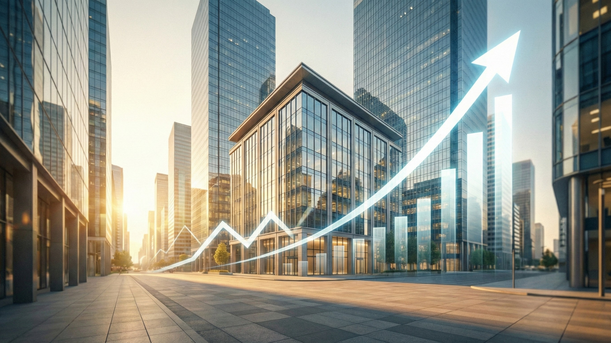 Depiction of the banking district in a large city, with an arrow symbolizing bullish momentum.