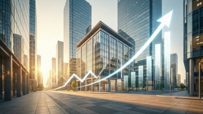 Depiction of the banking district in a large city, with an arrow symbolizing bullish momentum.