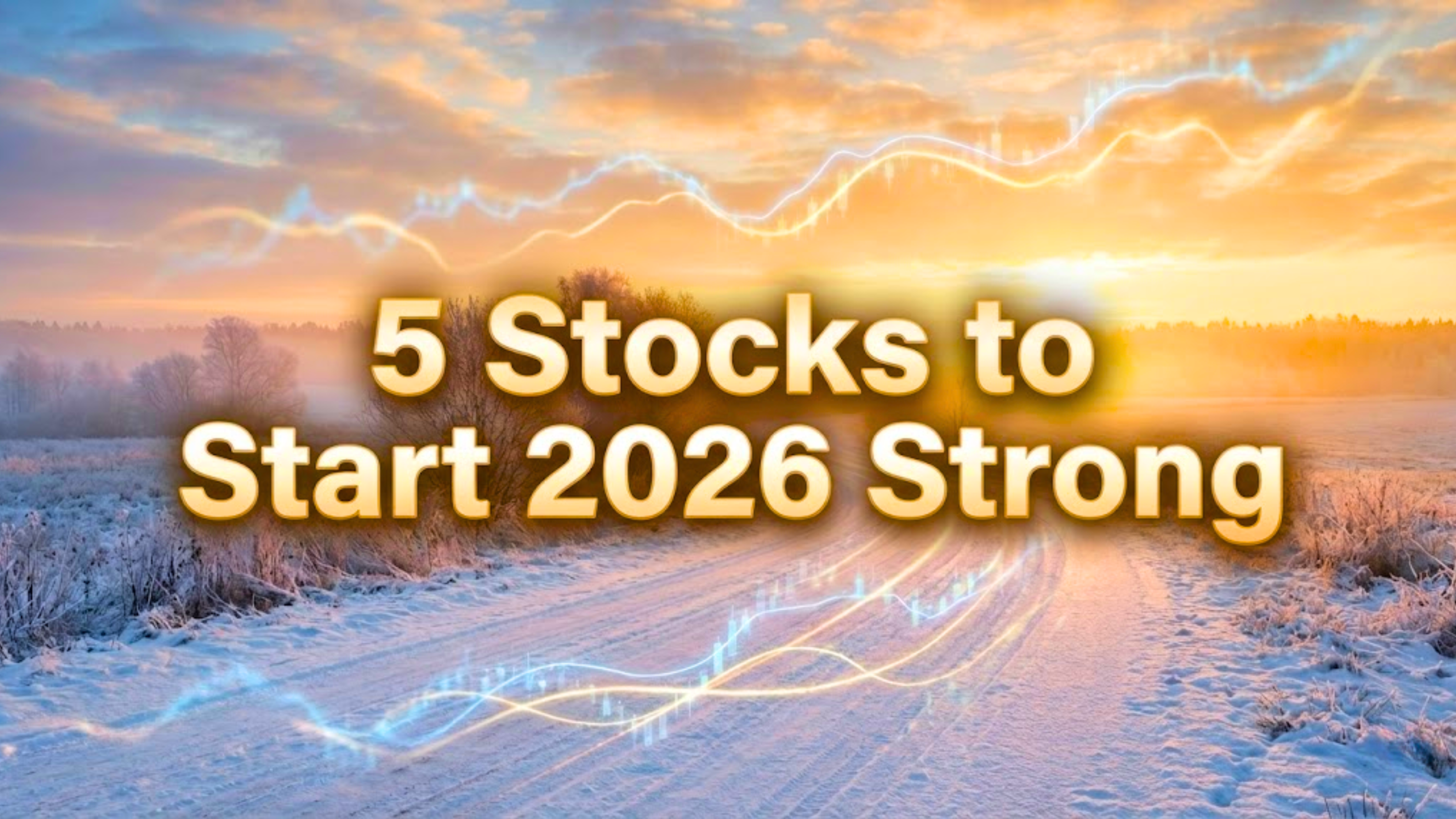 Winter sunrise with glowing chart lines behind the text ‘5 Stocks to Start 2026 Strong.’