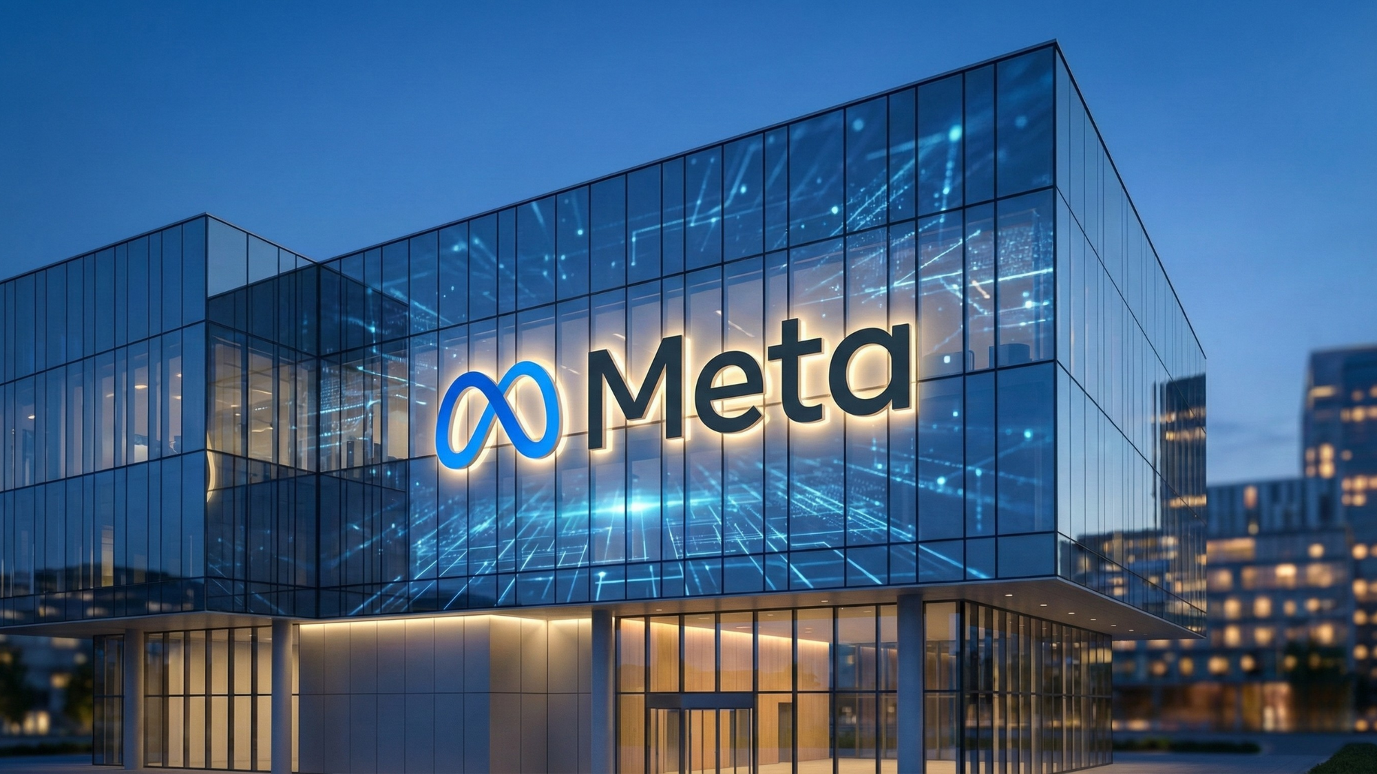 Modern office building with Meta logo and abstract digital technology visuals.