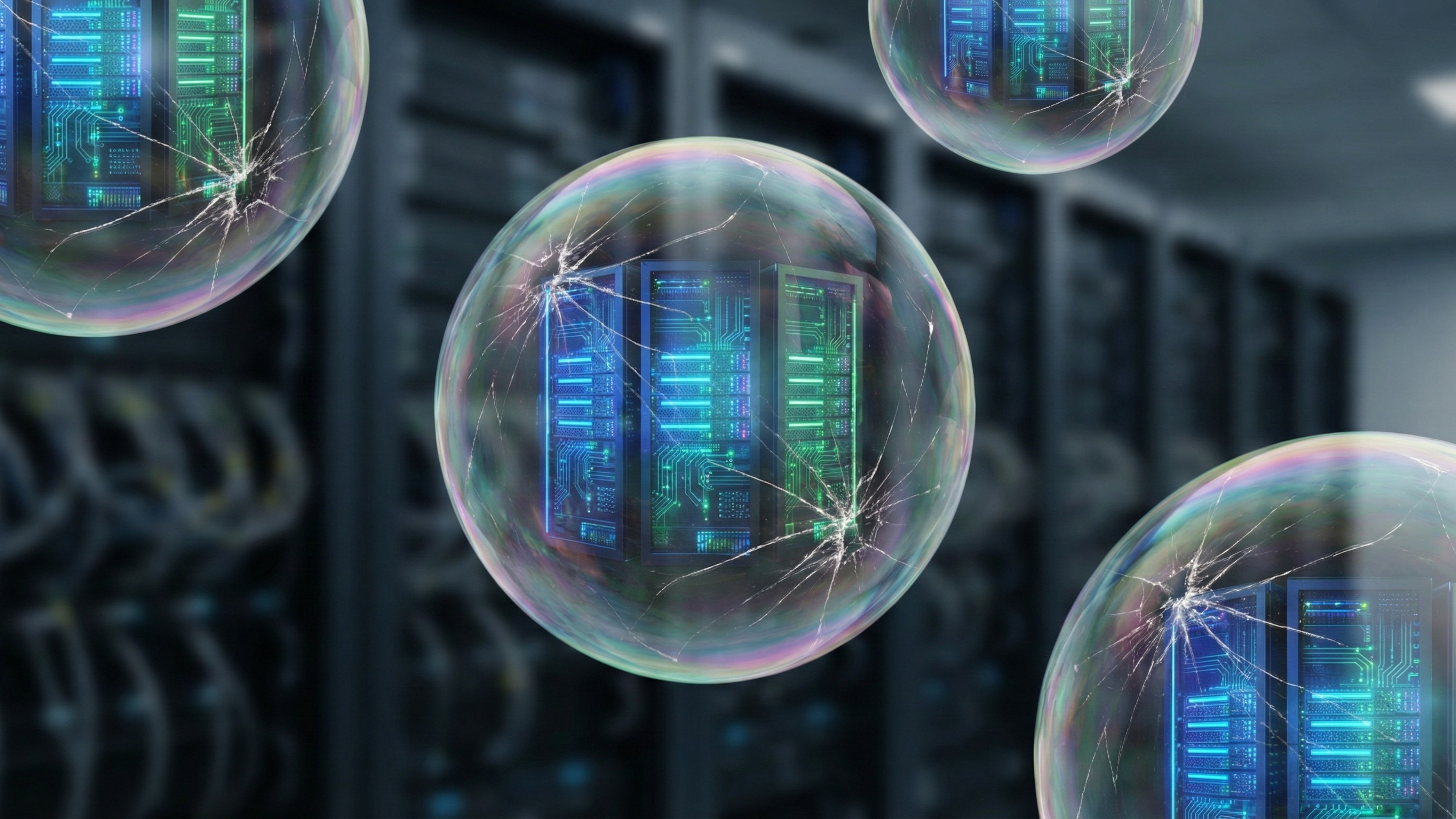 Server racks inside fragile, cracked bubbles, symbolizing a tech-bubble risk.