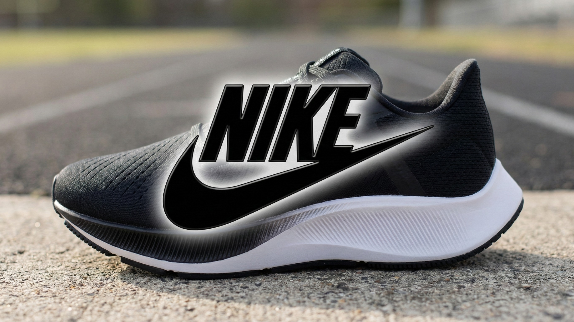 Nike logo positioned in front of a running shoe, highlighting product strength.