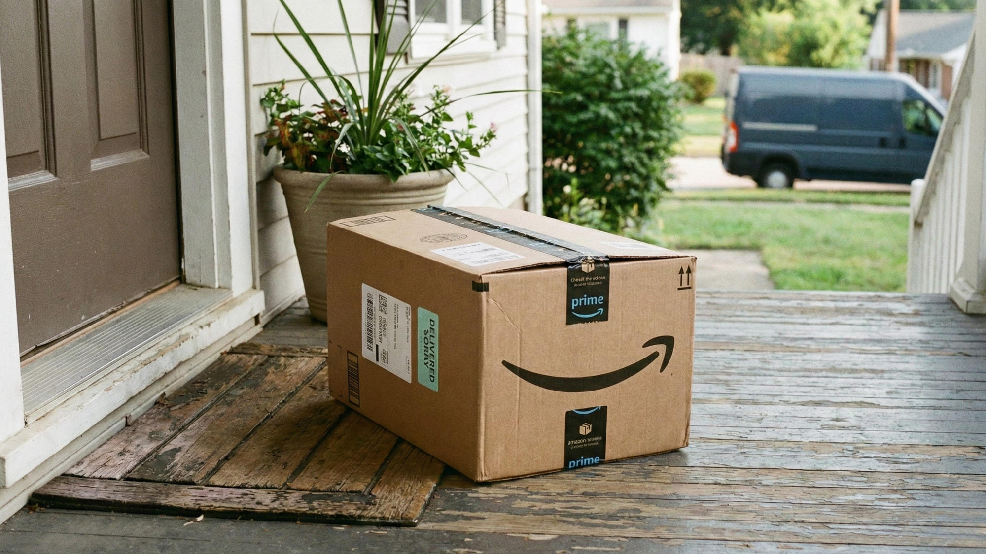 Amazon package sits on a doorstep after having been delivered a moment ago.