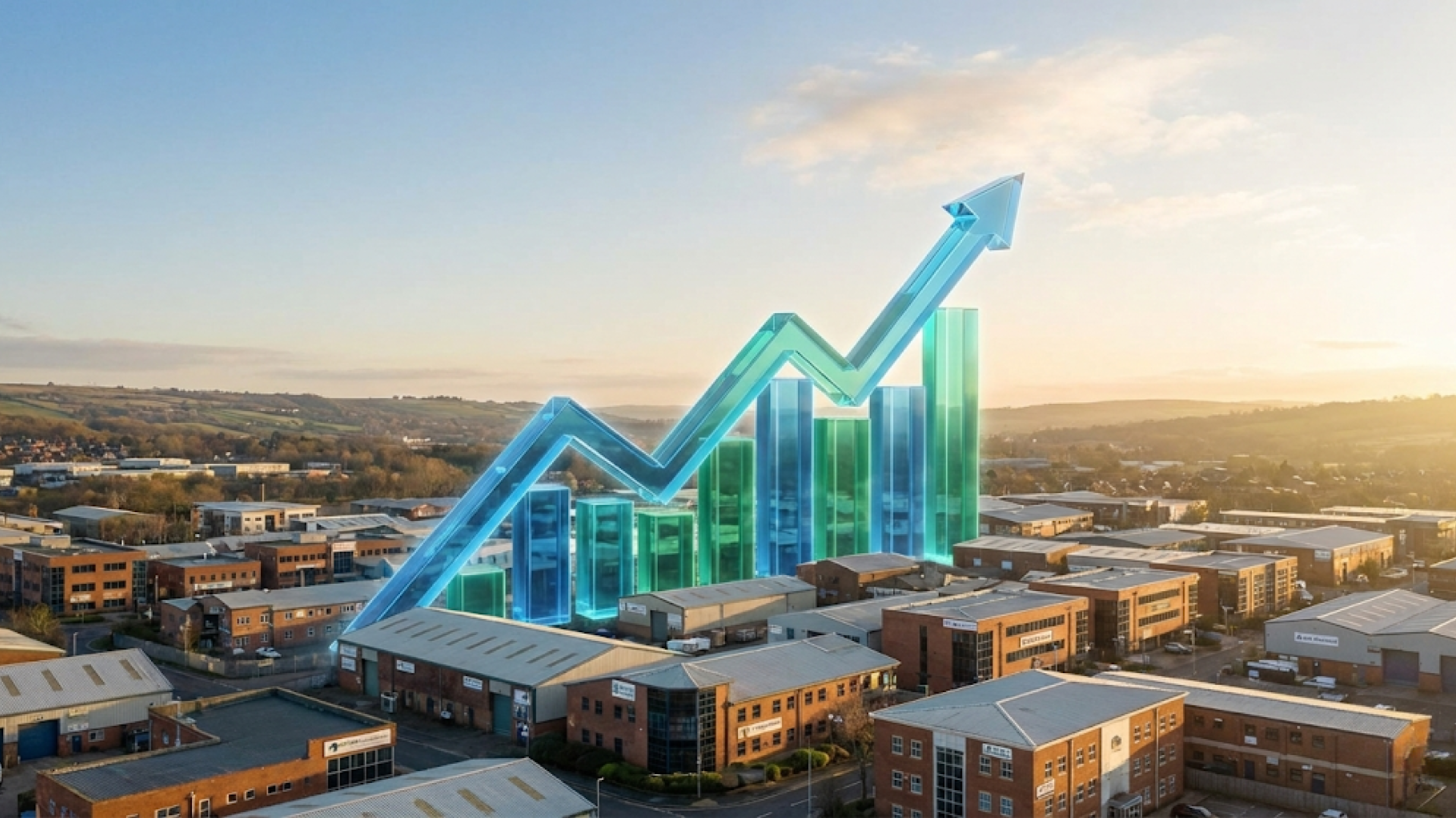 Rising 2026 growth chart emerging over an industrial cityscape.
