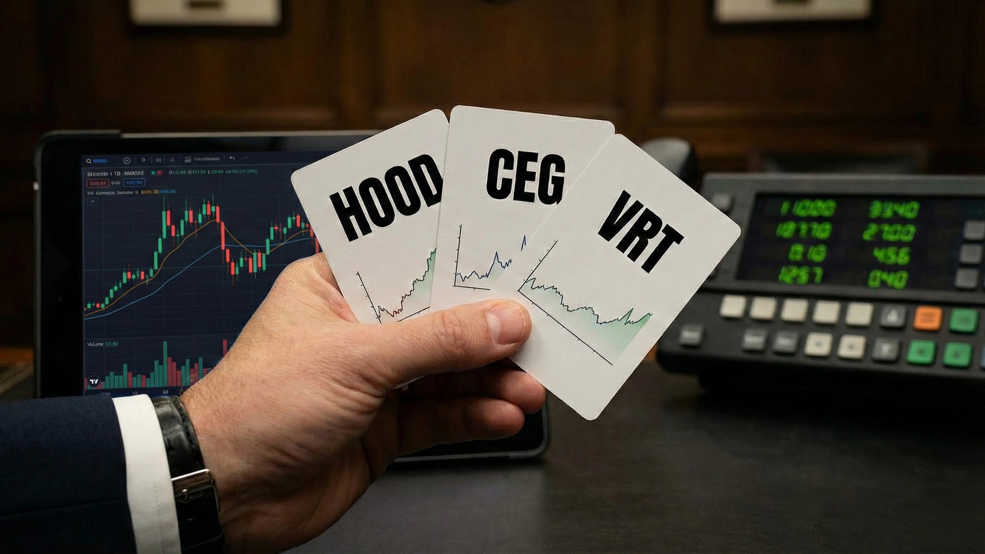 An investor holds HOOD, CEG and VRT stock cards against a background of trading screens showing weakening charts, signaling profit-taking risk in 2025.