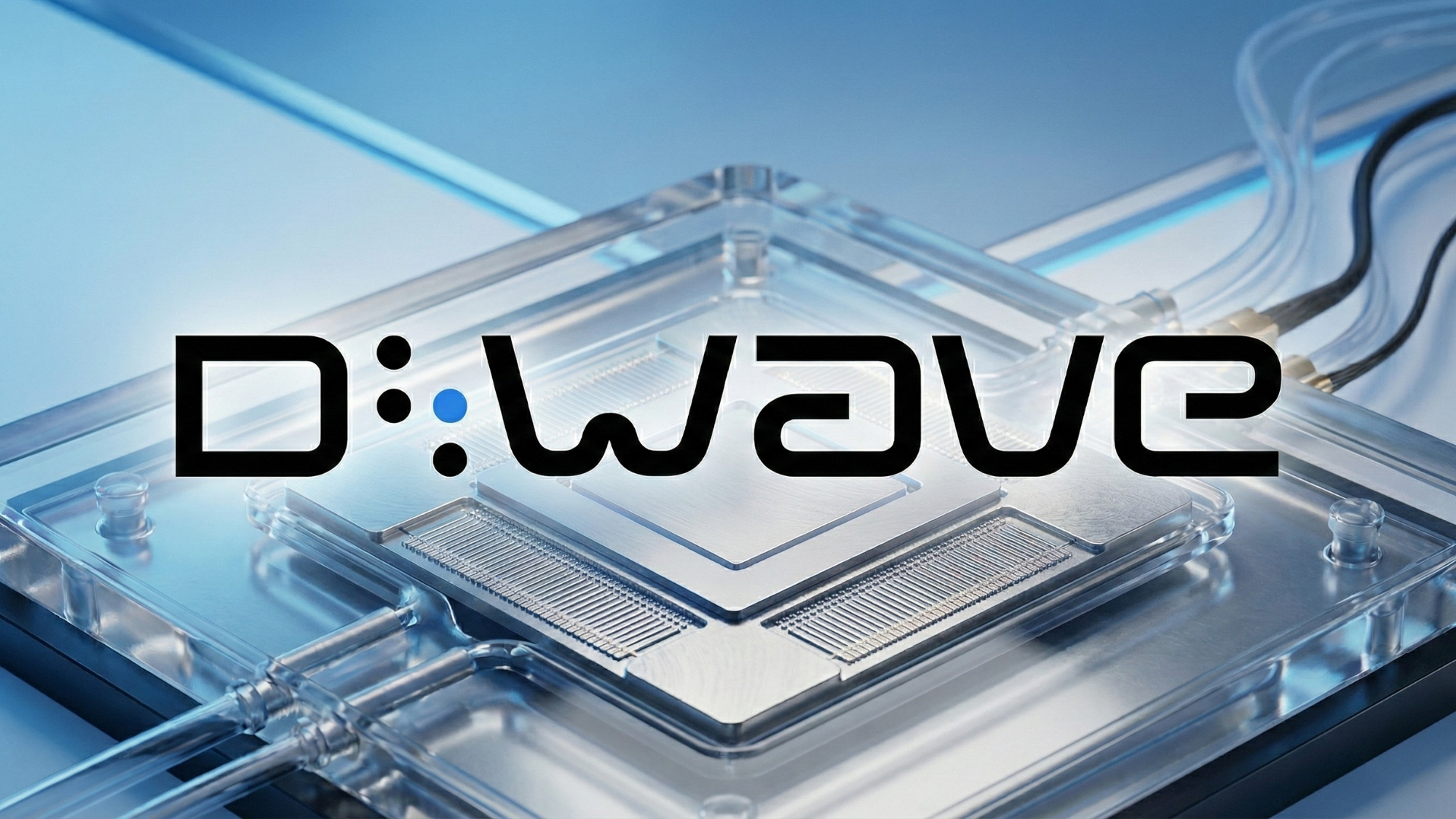 D-Wave Quantum processor with visible branding inside a sleek, blue-lit quantum computing system.