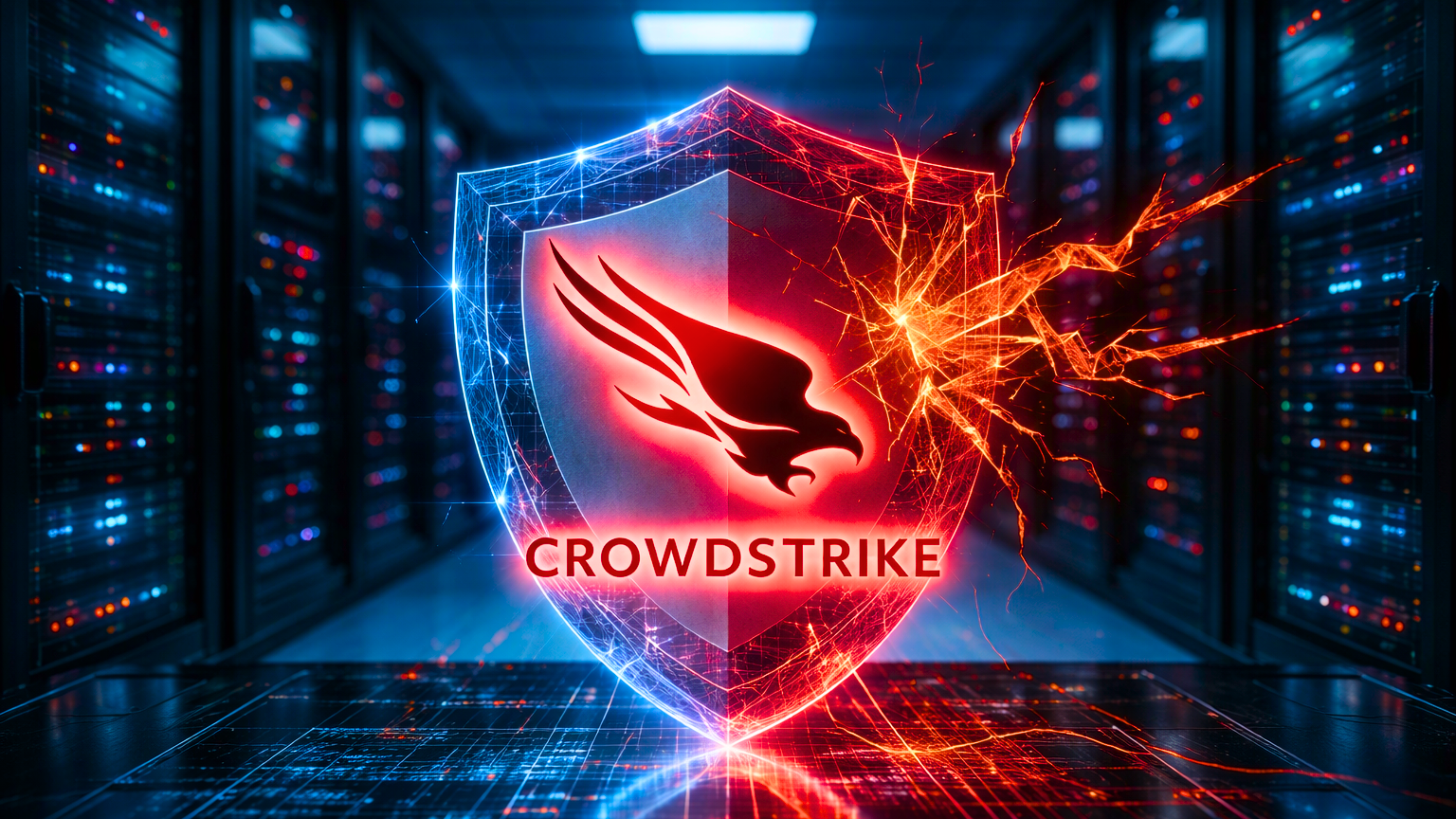 CrowdStrike logo appears on a digital shield in a server room.