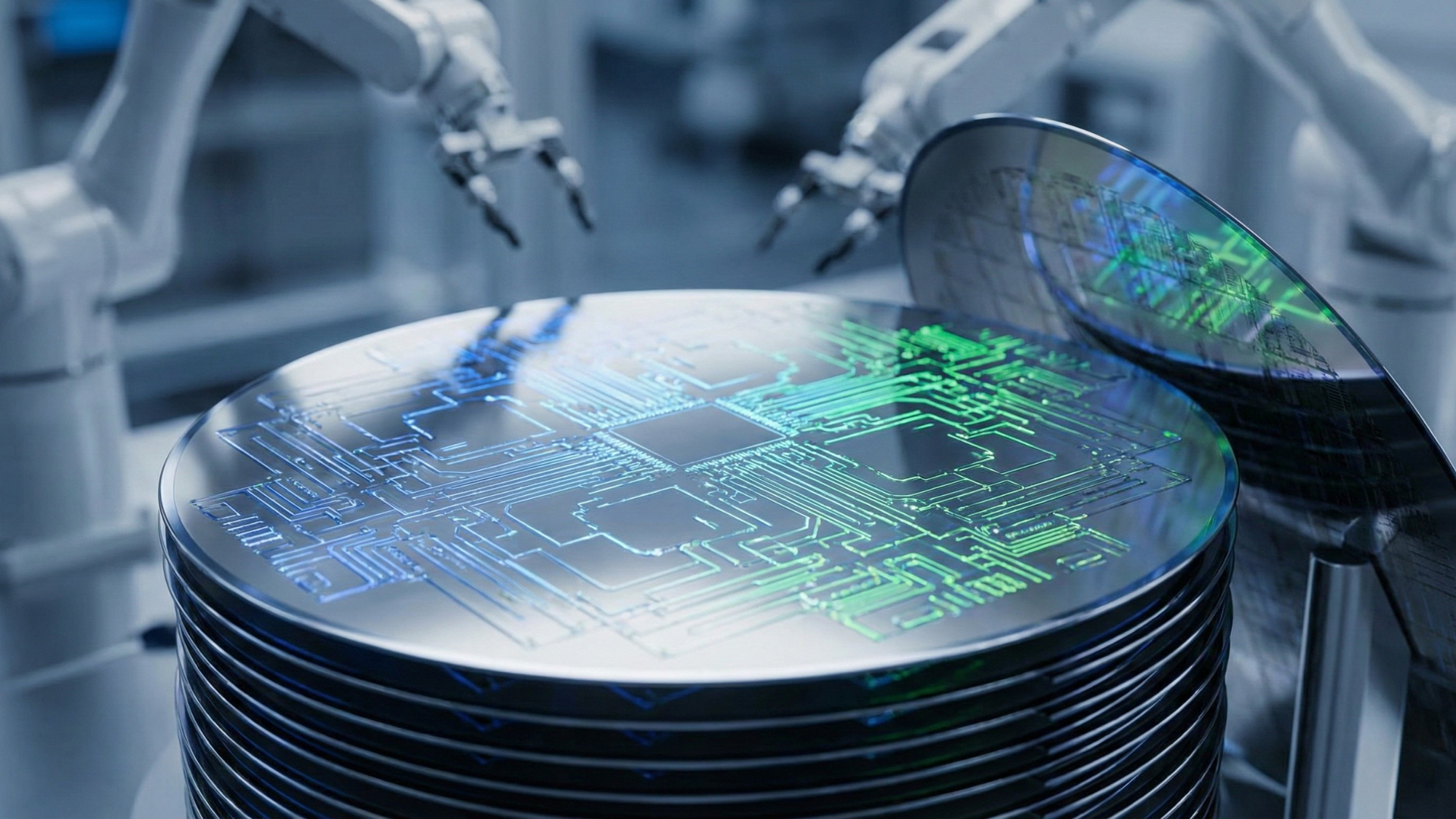 Robotic arms handling stacked semiconductor wafers in a fabrication facility, illustrating constrained silicon supply in the HBM memory industry.