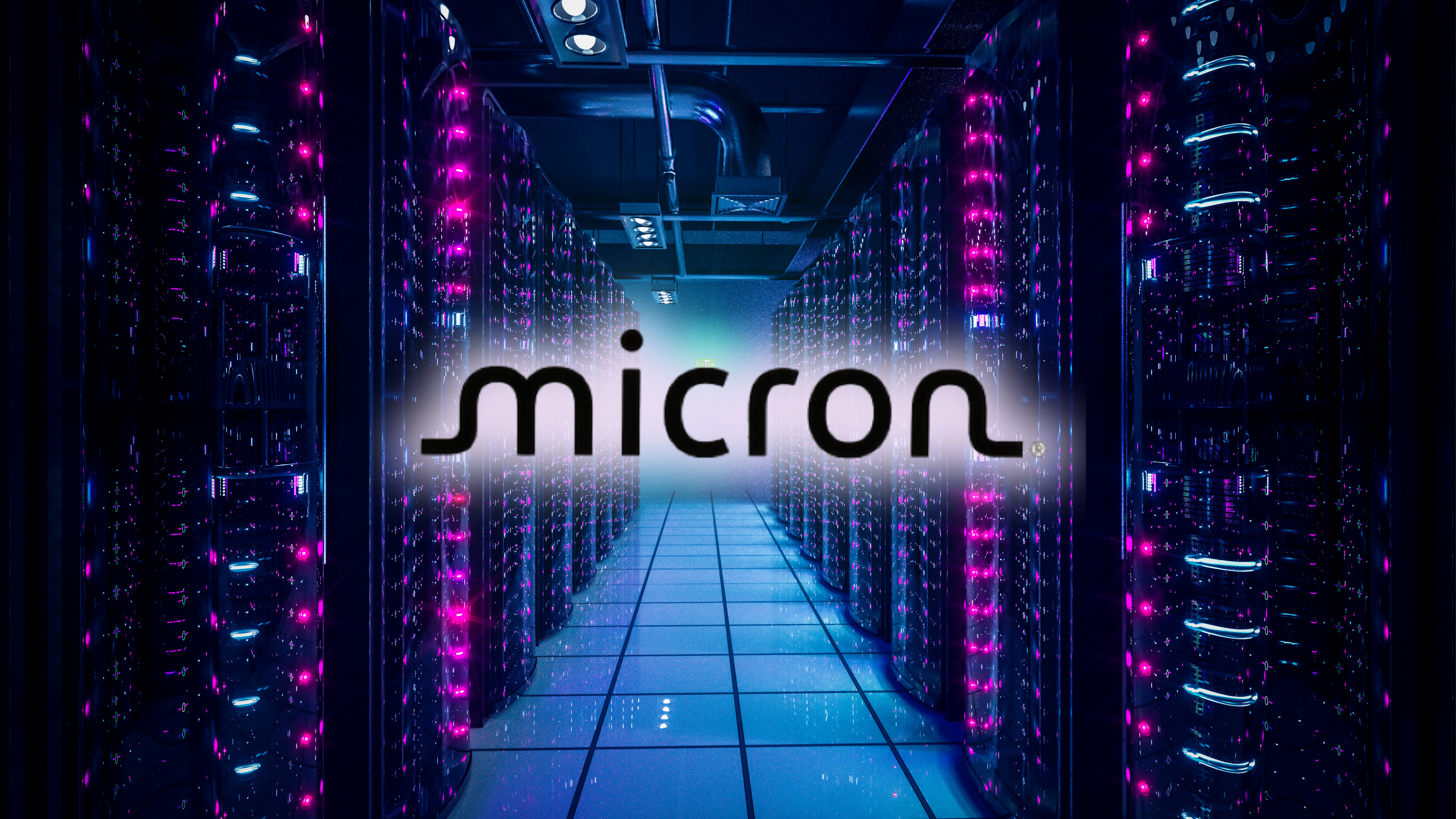 Micron logo glows over a neon-lit data center corridor, highlighting the company’s role in high-bandwidth memory.