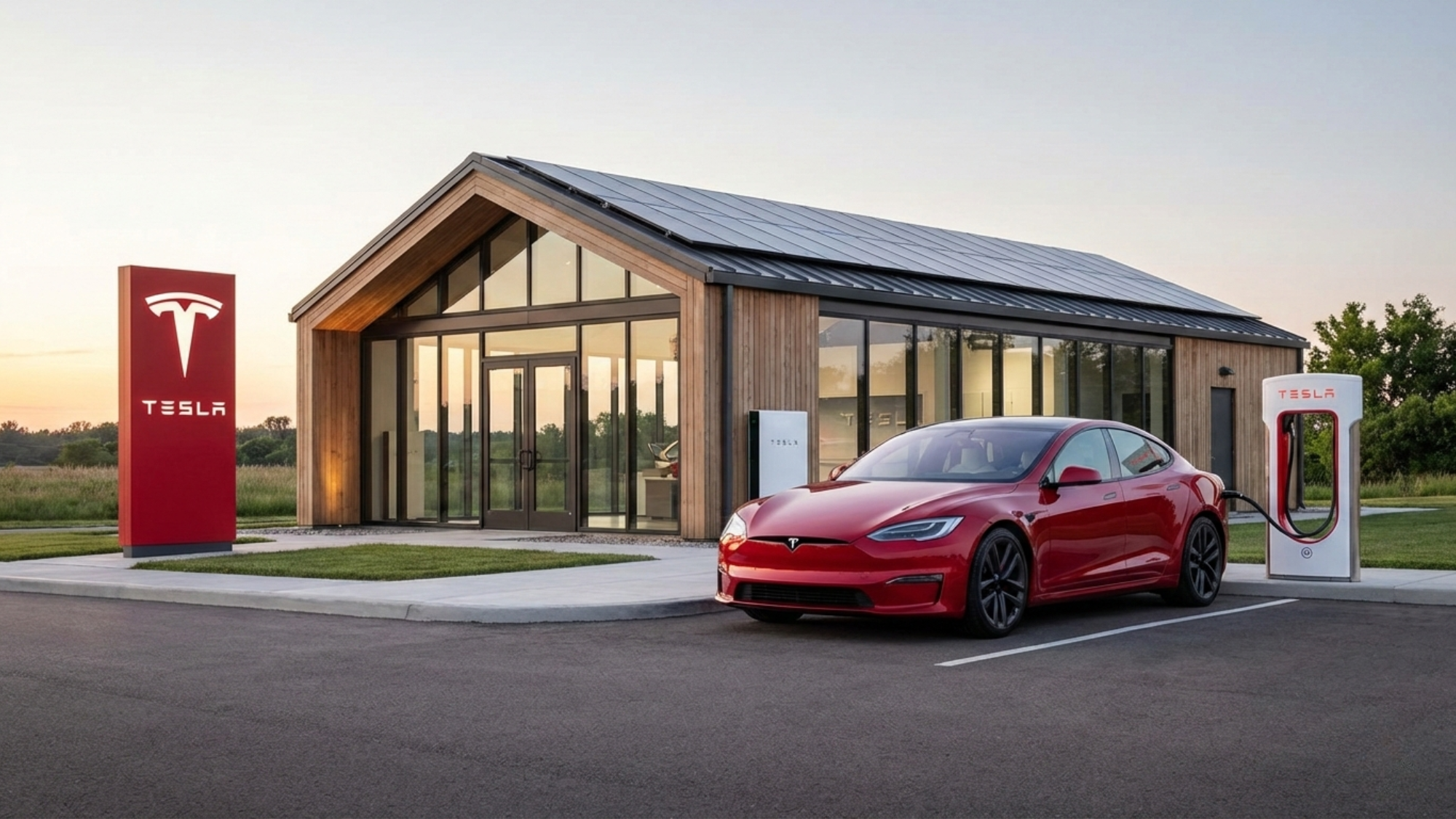 Sleek Tesla vehicle parked at a charging station.