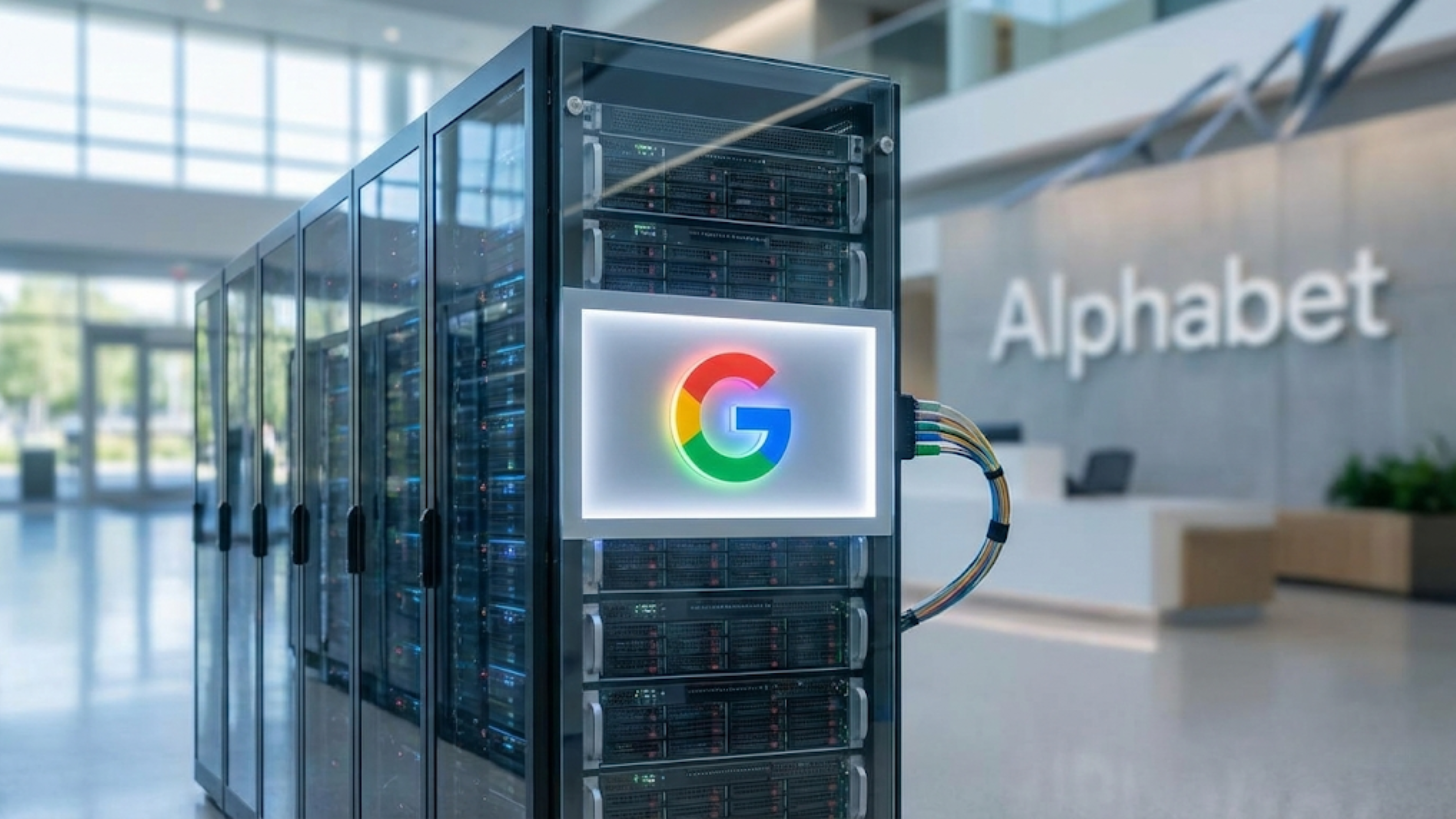 Google server rack with a glowing G logo stands inside Alphabet’s lobby, emphasizing the company’s AI infrastructure.