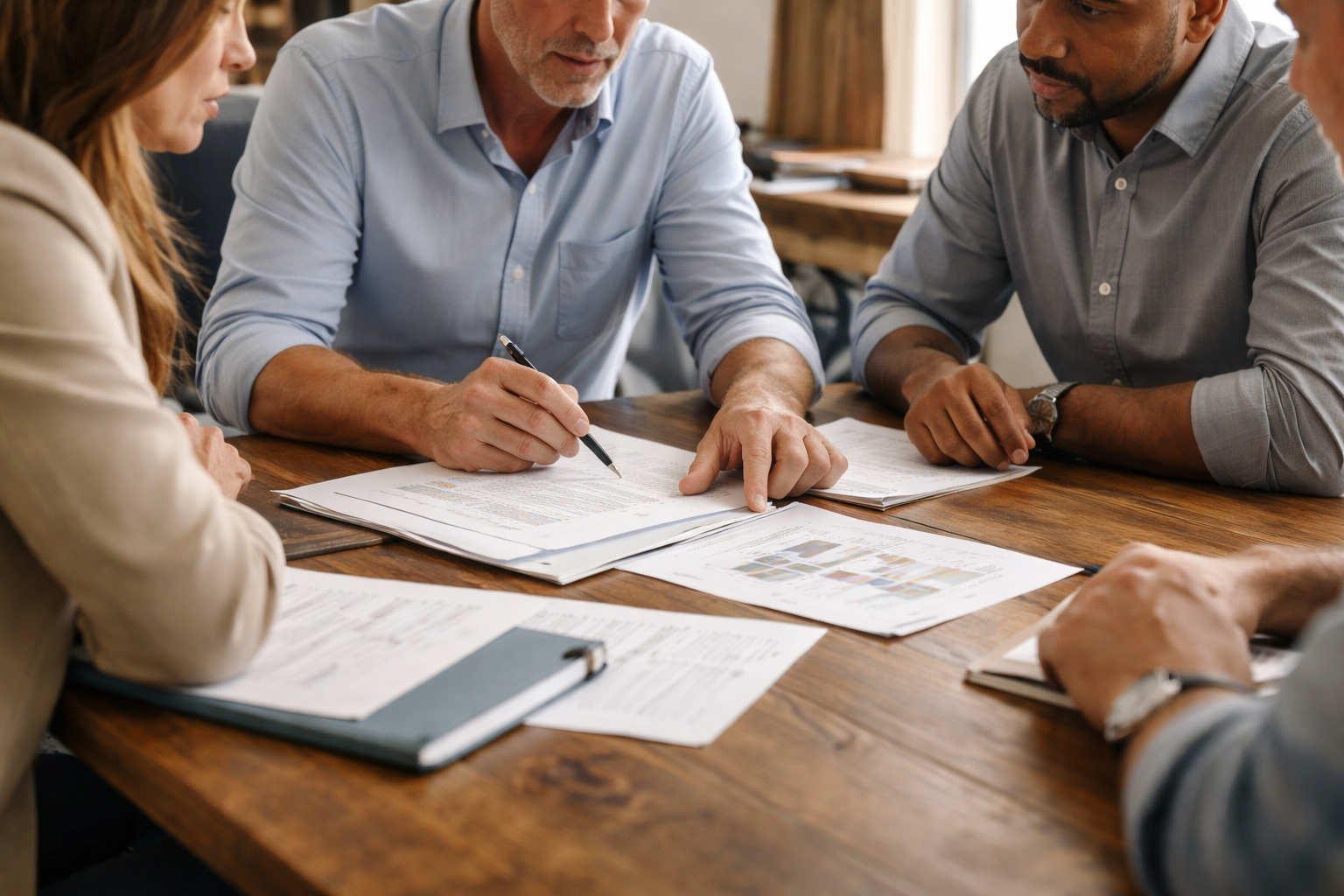 Four professionals collaborate at a table, reviewing documents together during a business meeting.