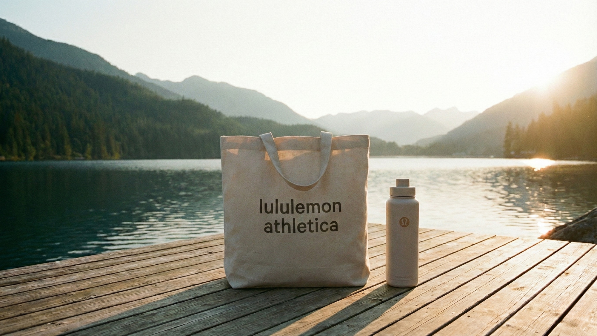 lululemon accessories arranged tastefully in front of a mountain view.