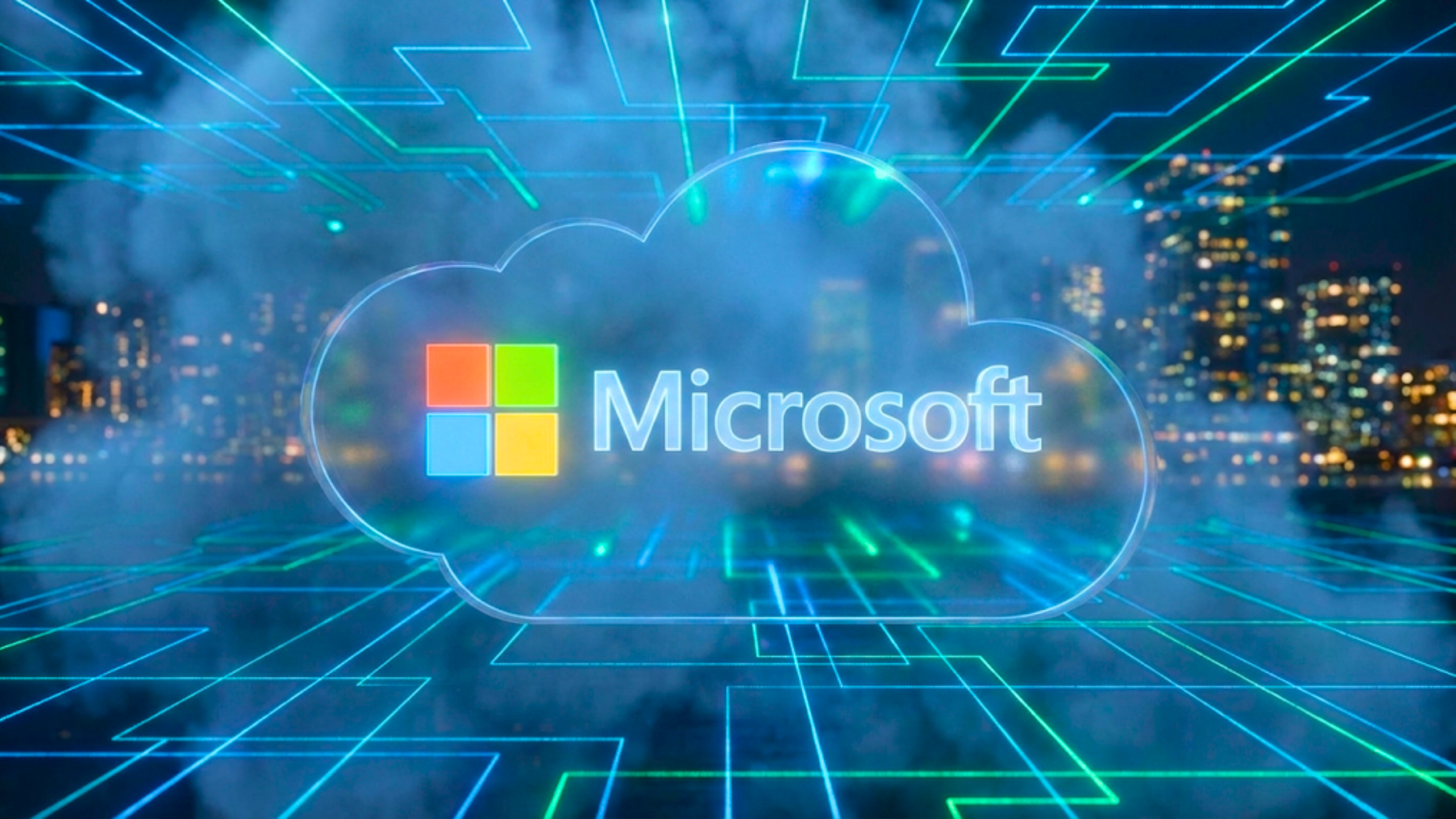 Microsoft cloud logo glows amid a digital grid over a cityscape, underscoring the company’s expanding AI momentum.