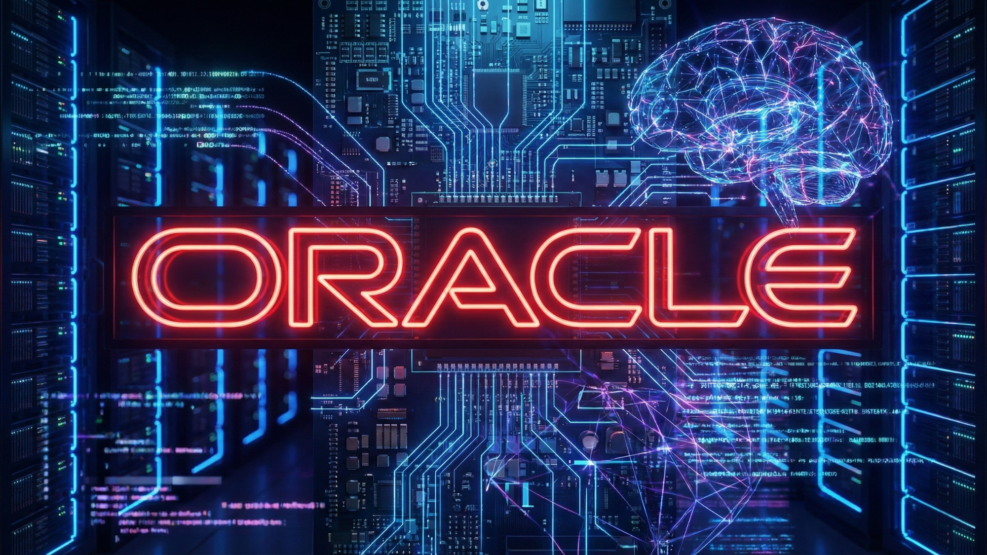 Oracle logo highlighted in front a background representative of the AI industry.