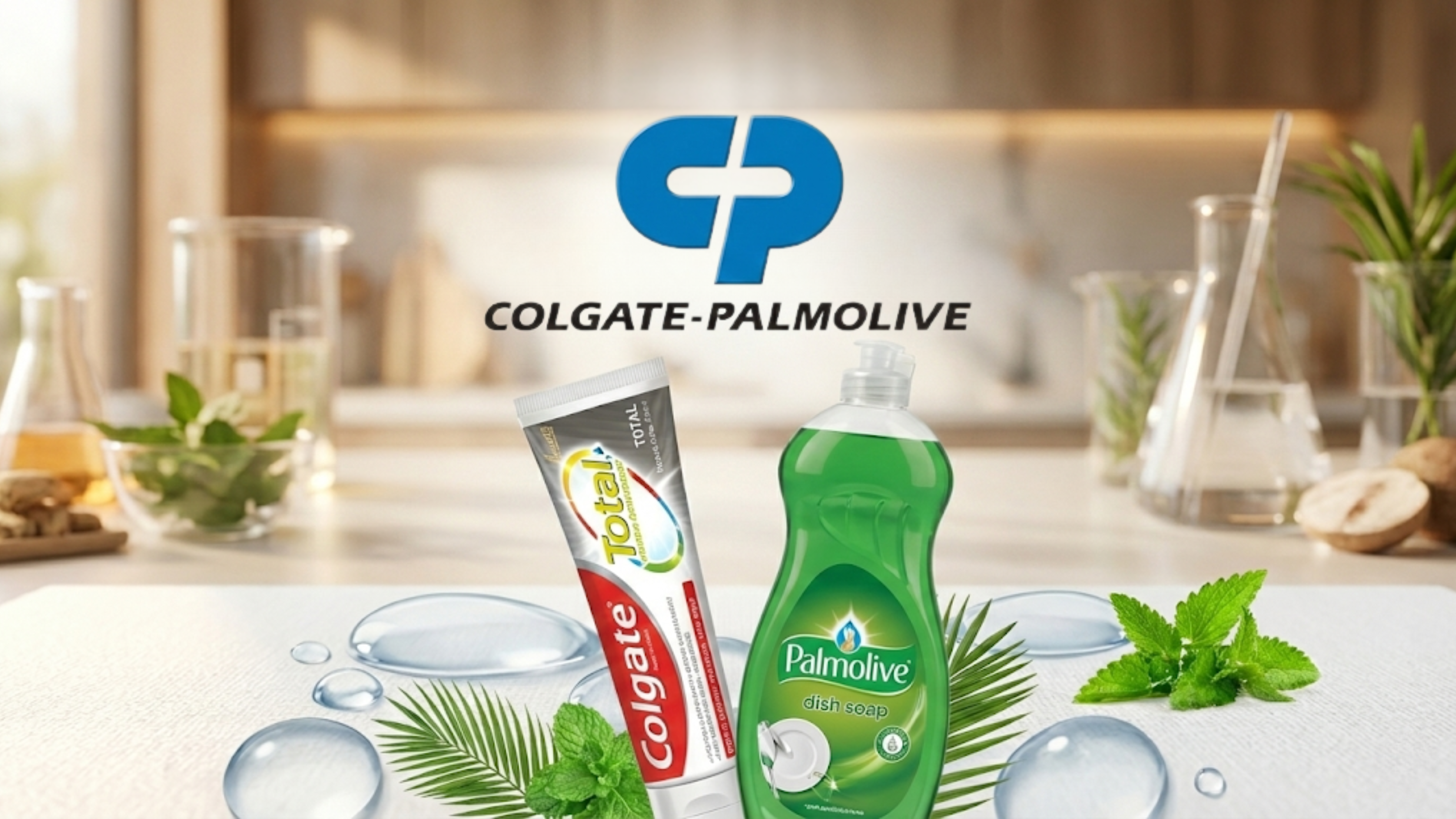 Colgate-Palmolive toothpaste and dish soap are displayed with fresh botanicals highlighting consumer staples strength.