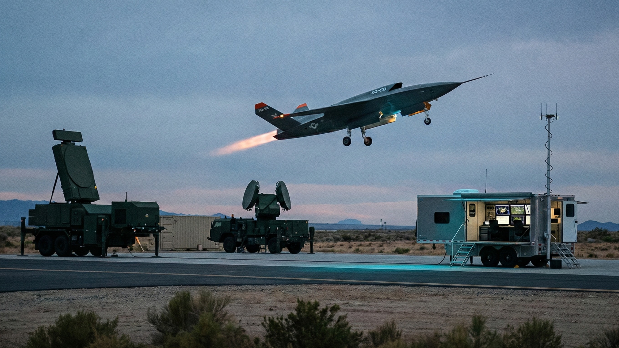 Modern military testing range at dusk with a unmanned jet-style drone launching.