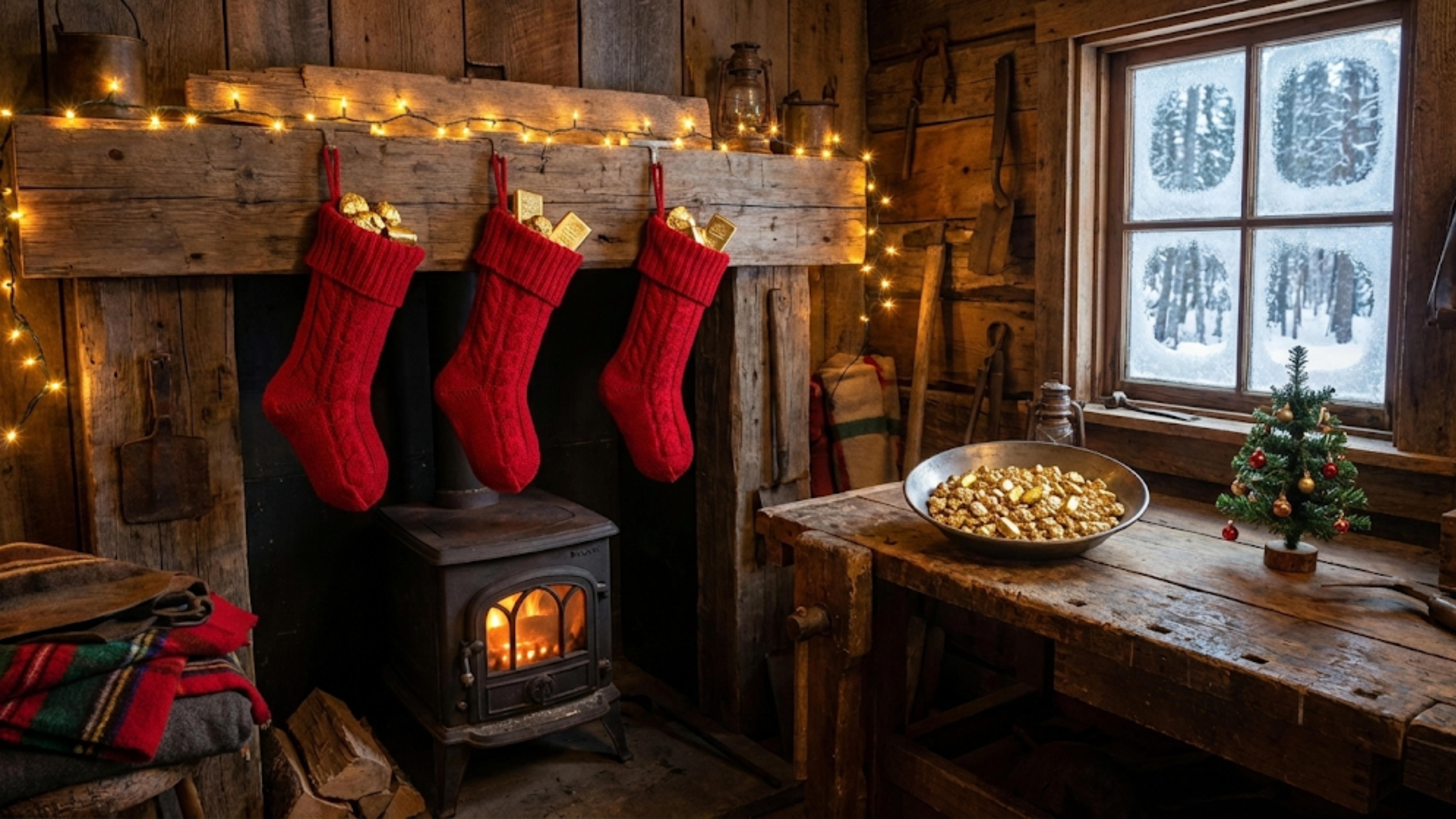 Cozy cabin scene shows three red stockings filled with gold by a glowing wood stove, symbolizing rising gold demand.