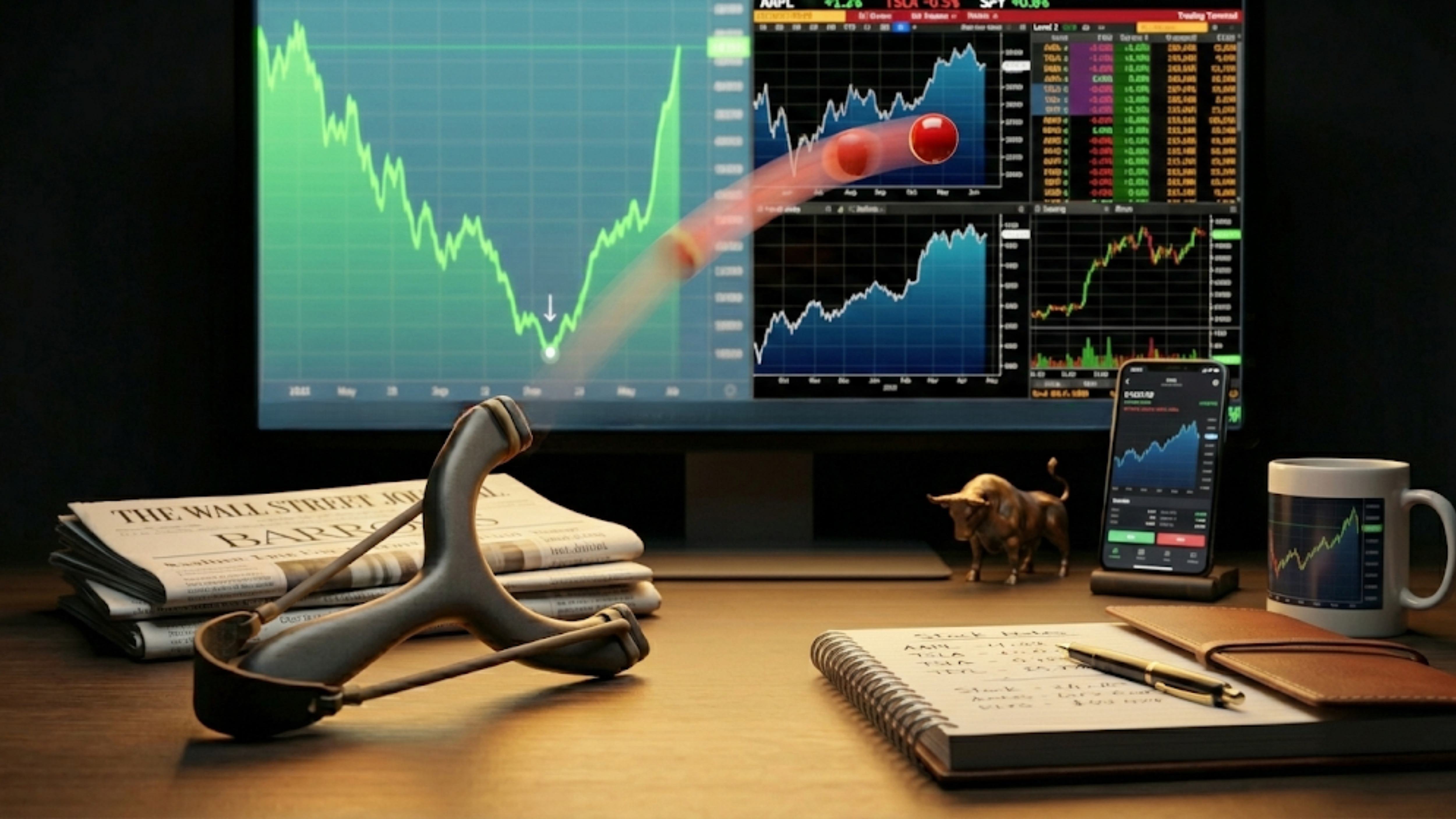 Slingshot and rising stock charts symbolize a rebound from a 52-week low, highlighting renewed market momentum.