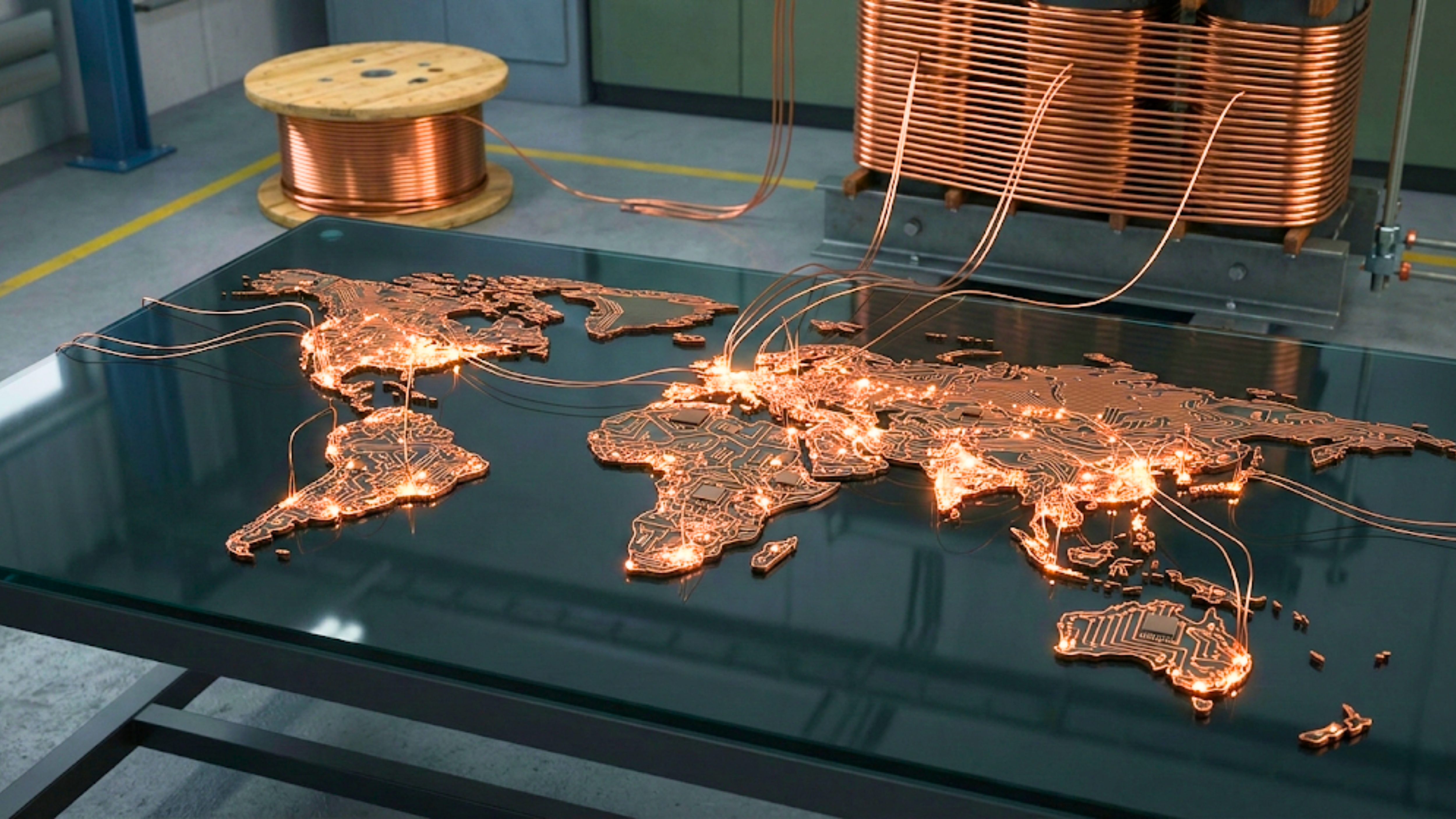 Copper wiring forms a glowing world map on a workbench, representing global demand for copper.