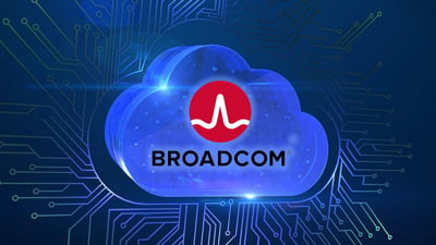 Broadcom logo over cloud and circuit backdrop highlights semiconductor and cloud infrastructure margins and cash flow focus.