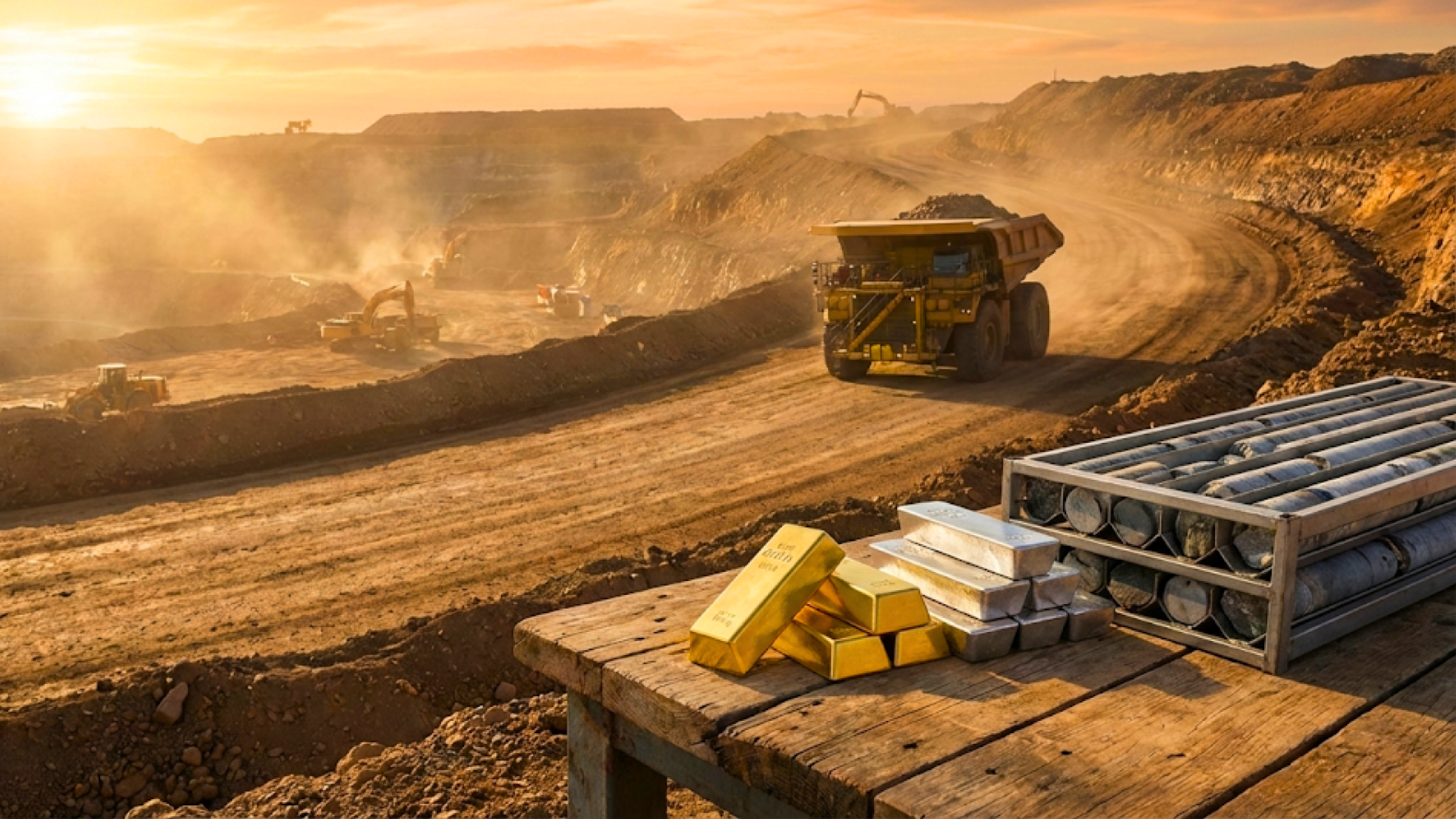 Gold and silver bars overlooking an active open-pit mine highlight strong precious-metals production.