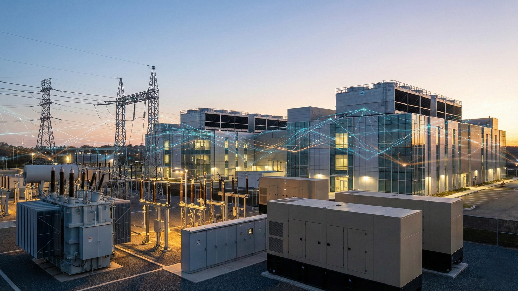 AI data center and substation complex highlights EMCOR project pipeline, Cummins backup generators, and GE Vernova grid equipment demand.