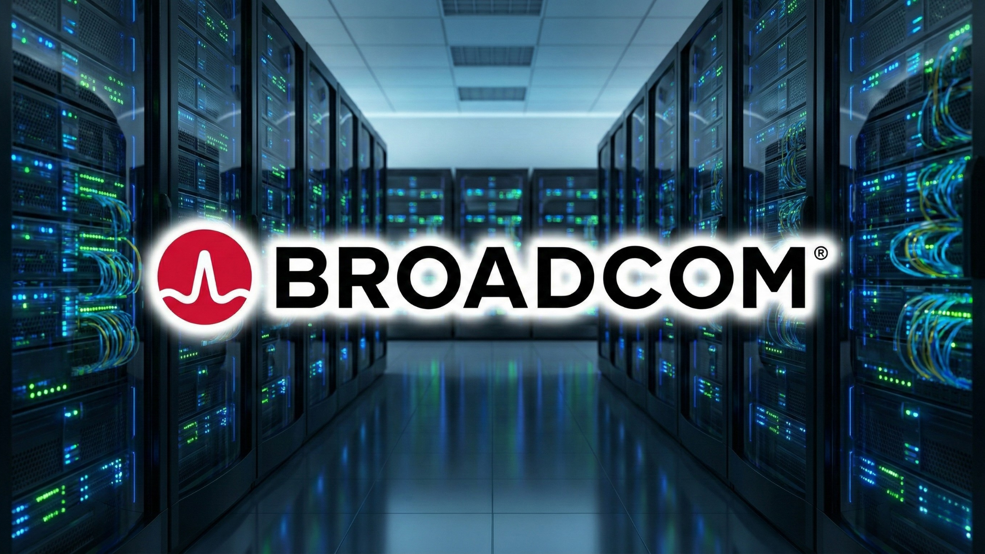 Broadcom logo dramatically highlighted in front of a data center background.