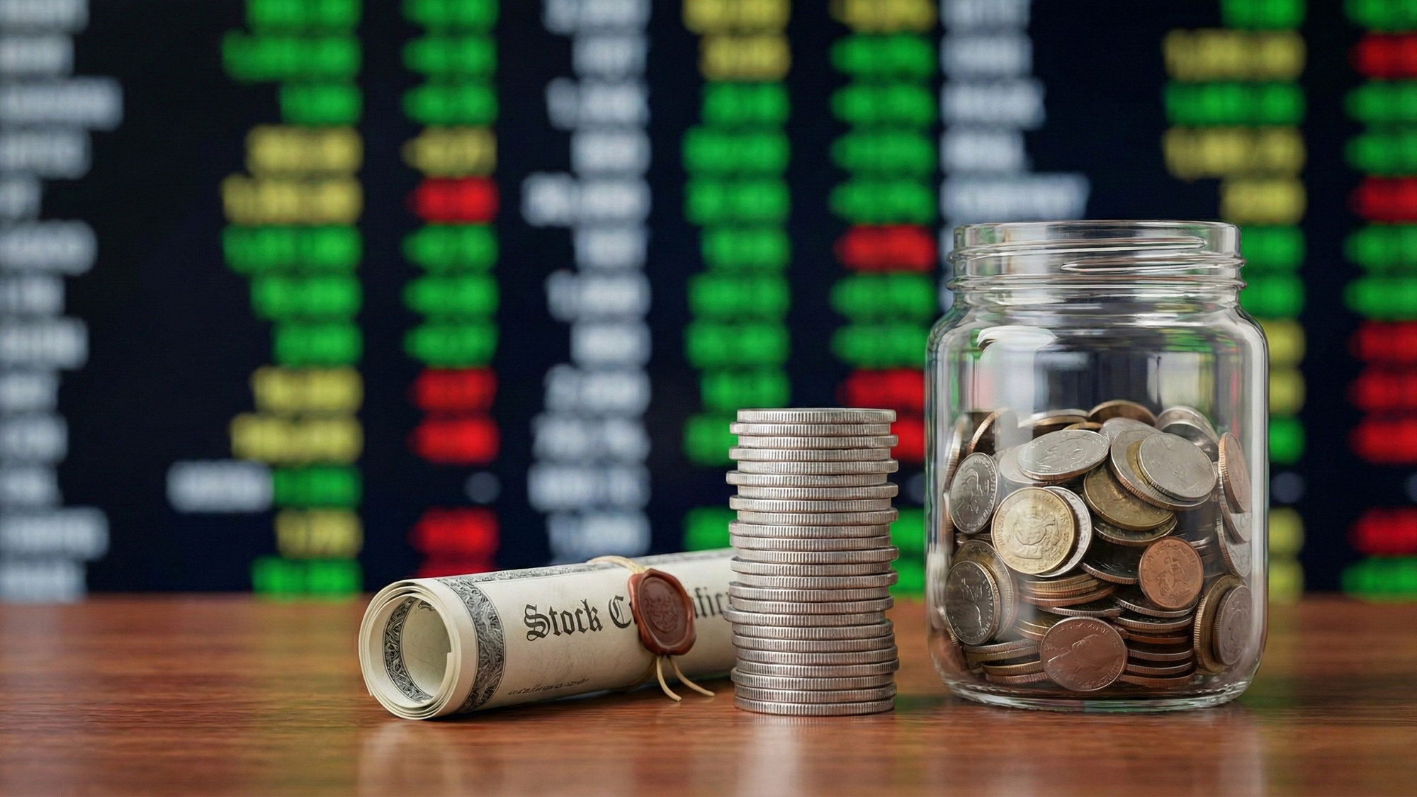 Stock certificates and coins displayed in front of stock exchange data, symbolizing income investments.